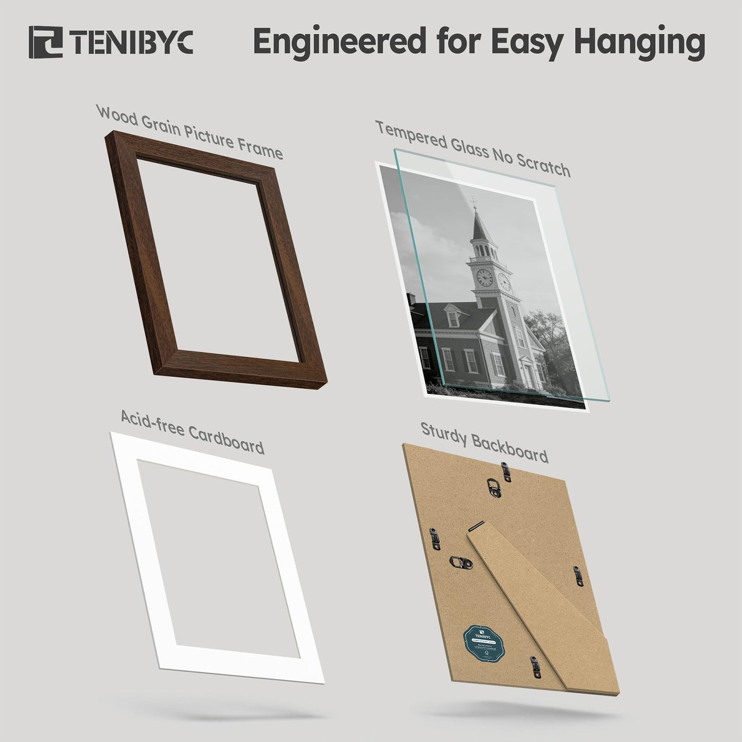 TENIBYC 8x10 Picture Frame Set - 4 Pack, Brown Solid Wood Photo Frames - Tempered Glass - Displays Photos 5x7 with Mat or 8 x 10 without - Room, Office, Gallery, and Hallway Decor - Wall Hanging