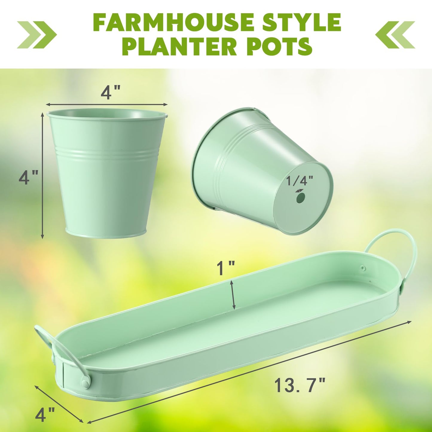 Hicarer 2 Sets Herb Planter with Tray Metal Herb Garden Planter with Drainage Farmhouse Windowsill Pots for Indoor Plants Flower Succulent Outdoor Kitchen Apartment Balcony Window (Green)