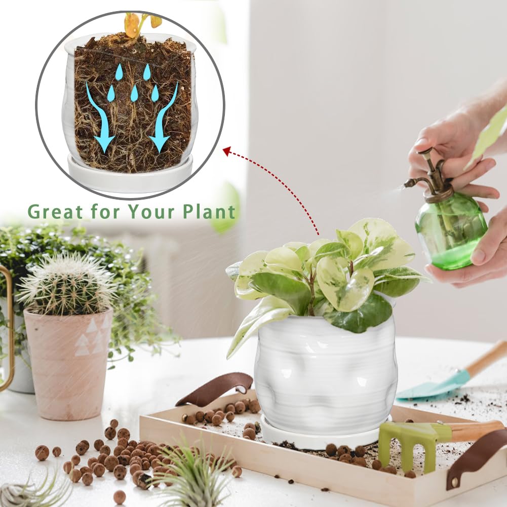 Oairse 5.7 inch Ceramic Pots for Plants, Plant Pot with Drainage Hole and Saucer White Ceramic Indoor Planter with Tray Decorative Flower Pots for Succulent, Cactus, Snake Plant, Herb Indoor Outdoor
