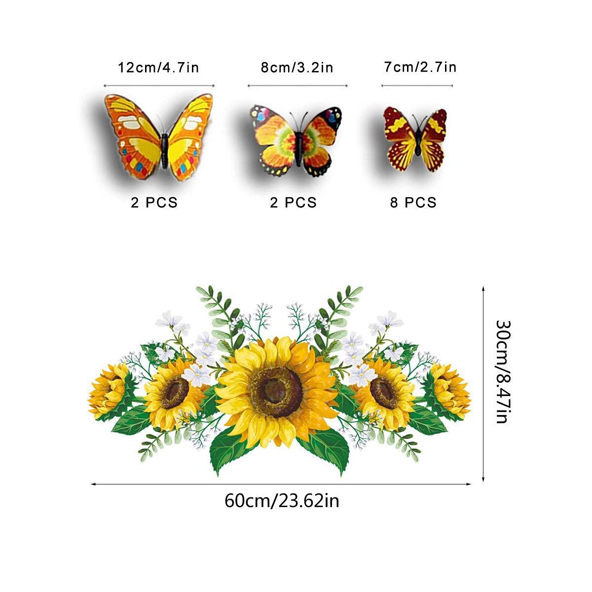 Sunflower Wall Stickers with 3D Butterfly Wall Sticker, Yellow Flowers Wall Decal,SPRT Waterproof and Removable, Sunflower Wall Stickers for Bedroom Living Room Bathroom Décor
