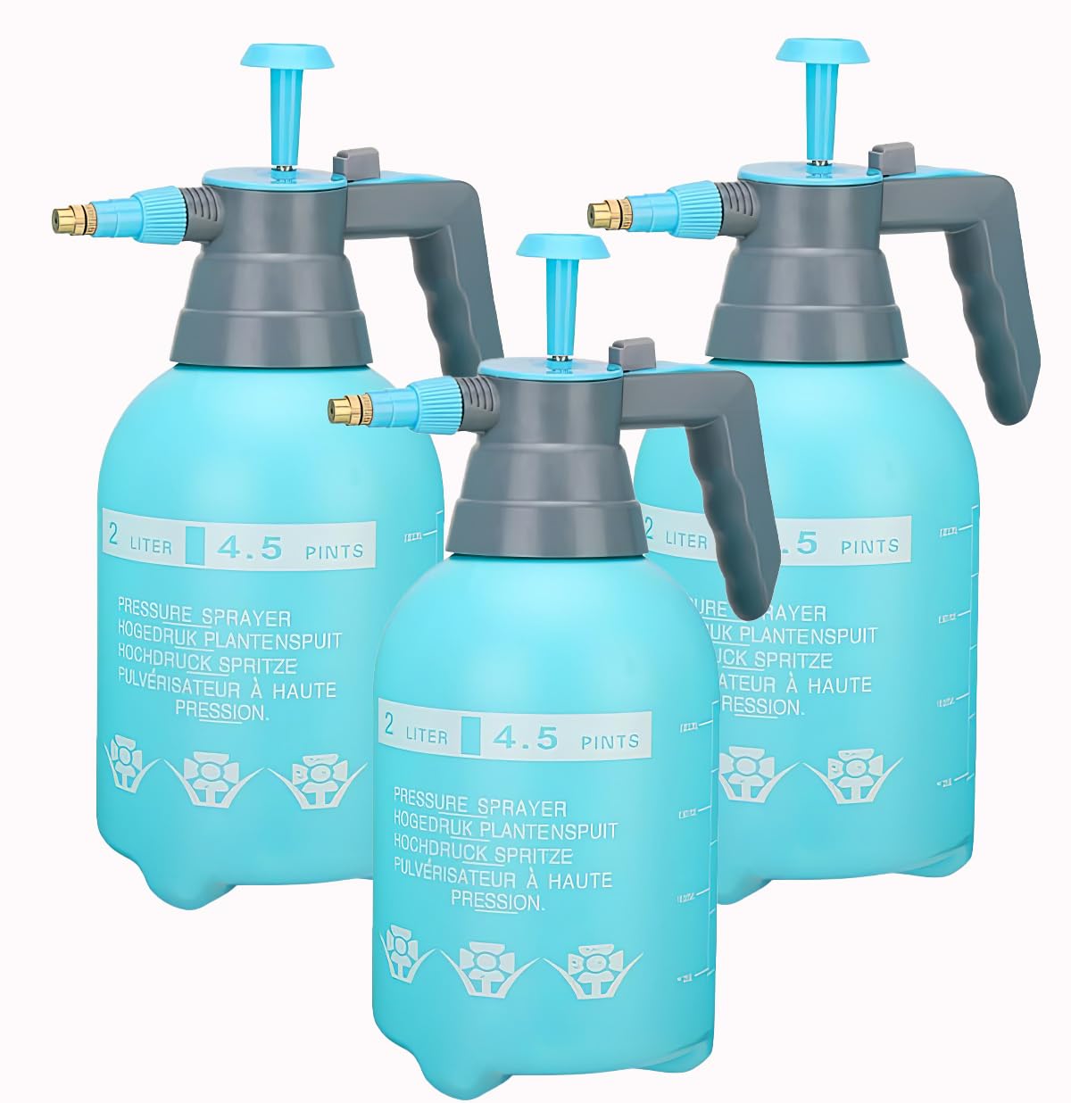 3-Pack Manual Pressure Sprayer with Adjustable Brass Nozzle, 2L Handheld Gressure Spray Bottle, Multipurpose Plastic Pump Bottle Spray for Garden Watering, Yard Spraying and Household Tasks