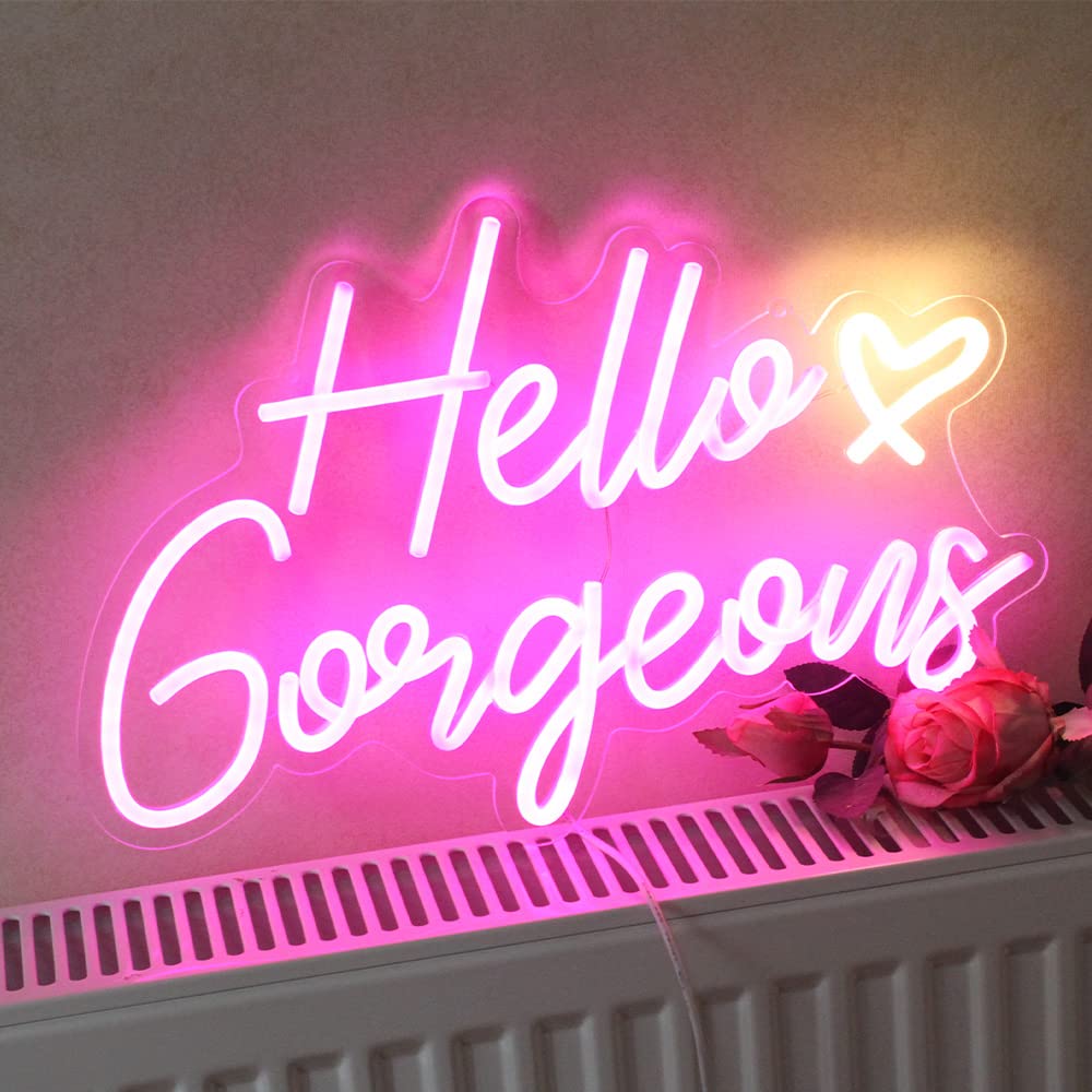 Hello Gorgeous Neon Sign Hello Beautiful Pink LED Neon Lights for Home Wedding Birthday Backdrop Bacelorette Party Wth Dimmable Switch(5V,16.5X10.6inches)