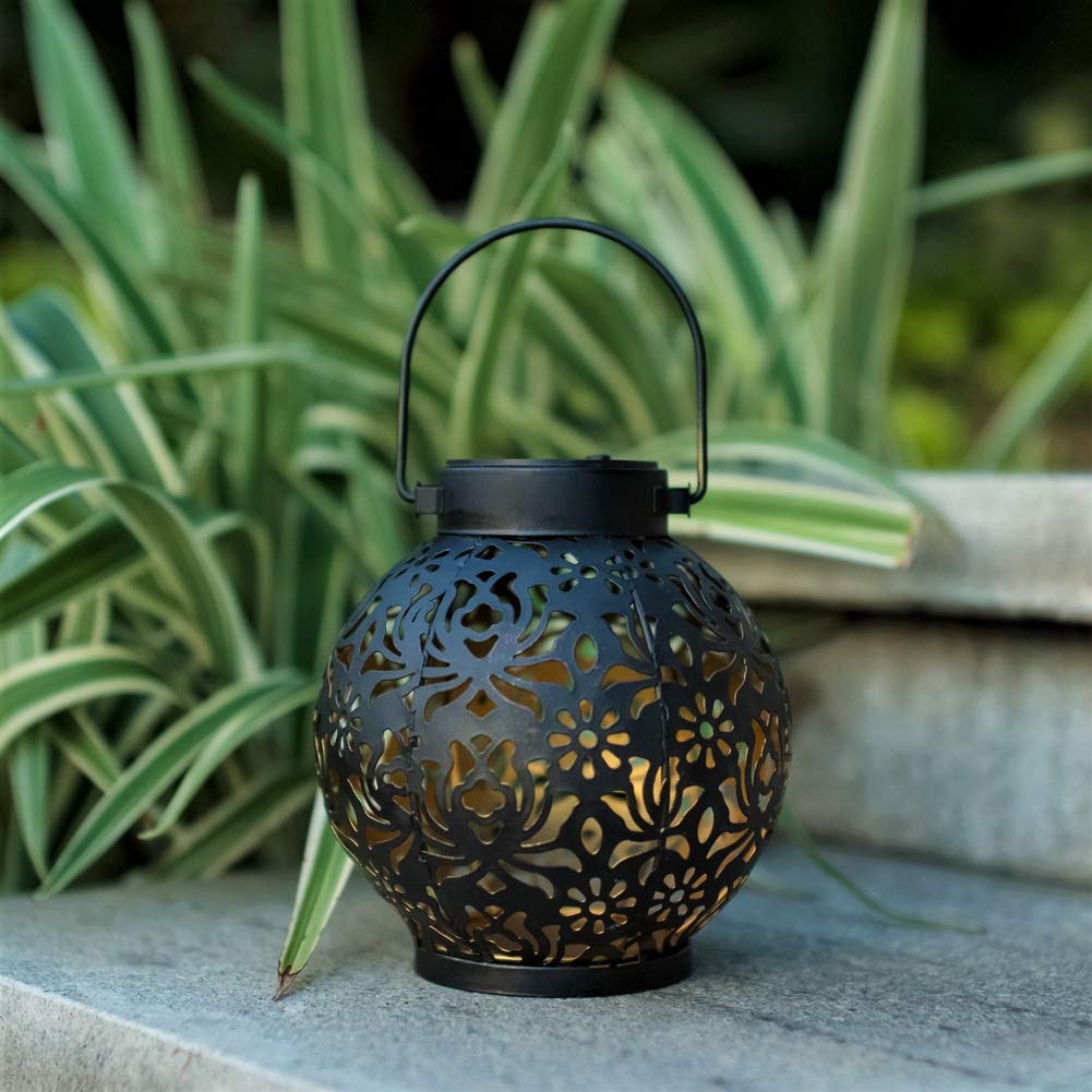 EXCMARK 2 Pack Outdoor Solar Hanging Lantern Lights Metal LED Decorative Lamp for Garden Patio Courtyard Lawn and Table with Hollowed-Out Design (Black)
