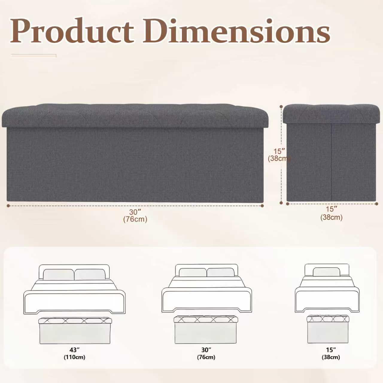 ZEUKMXOO 30 inch Storage Ottoman Bench, 30 inch Folding Storage Bench Ottoman, for Bedroom, Living Room, and Utility Room, Grey (30'' W)
