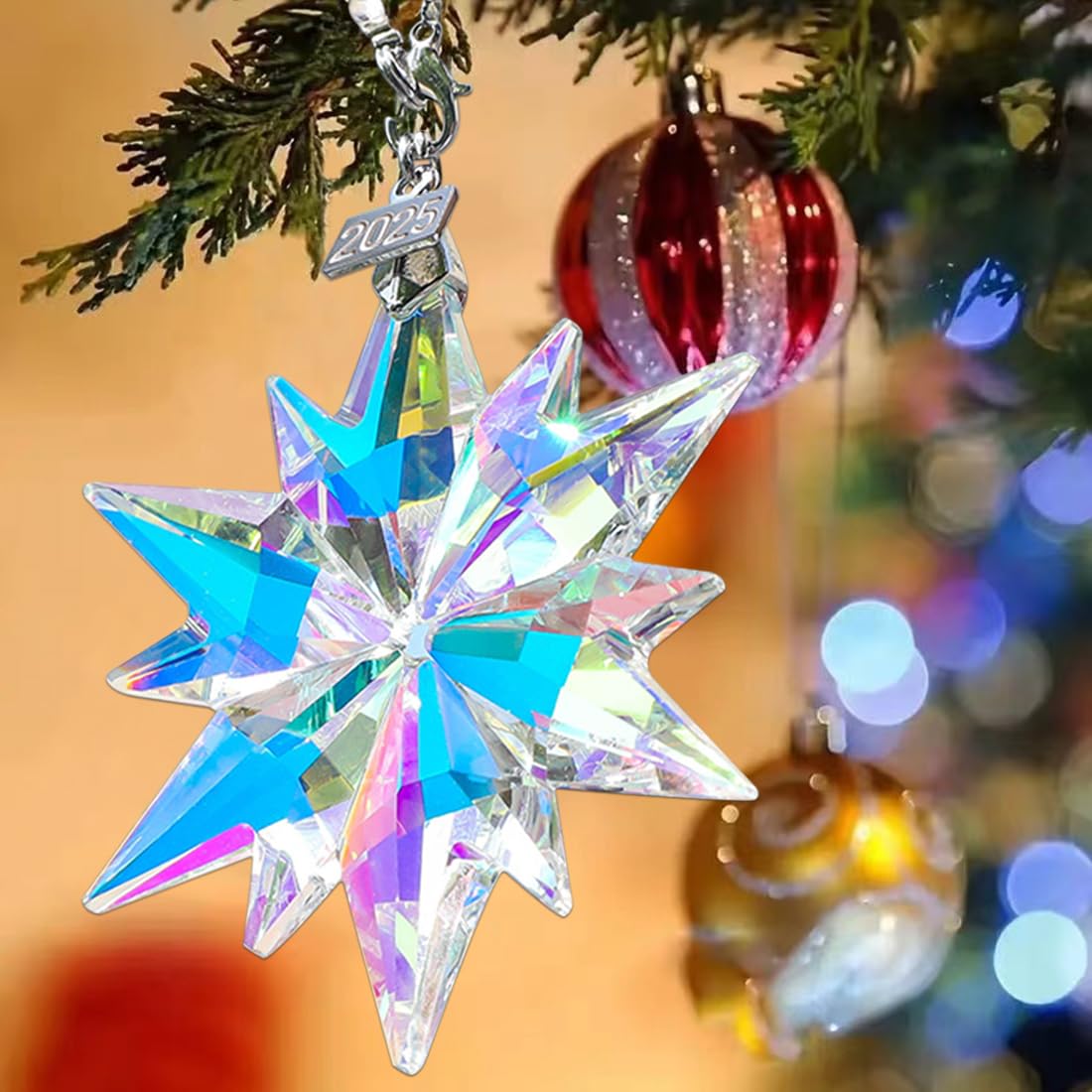 2025 Annual Christmas Ornaments Crystal Snowflake Star, Sparkly Crystal Ornaments for Christmas Tree, Beautiful Christmas Ornaments for Women Girls