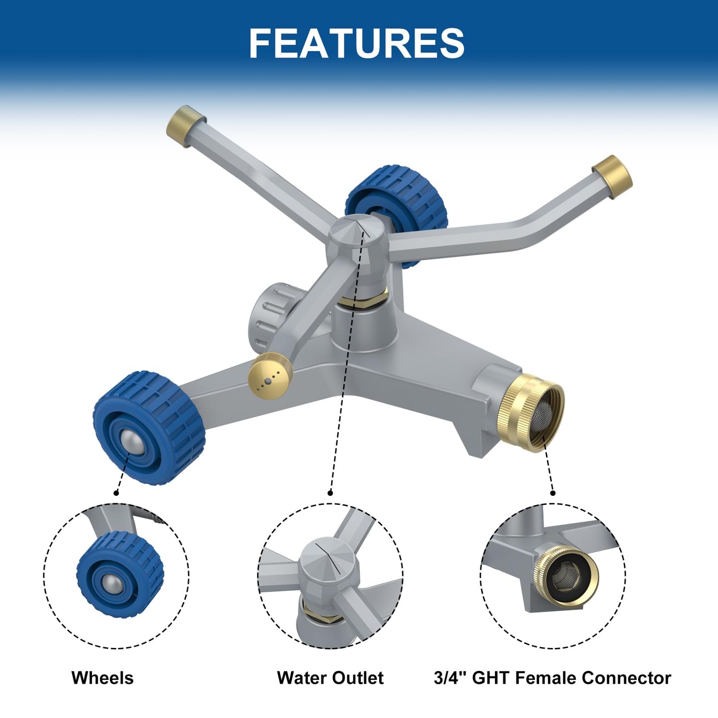 Hydrowe Sprinklers for Yard, 3-Arm Metal Sprinkler with Wheel Base, 360-degree Automatic Rotary Lawn Sprinkler System for Garden Yard