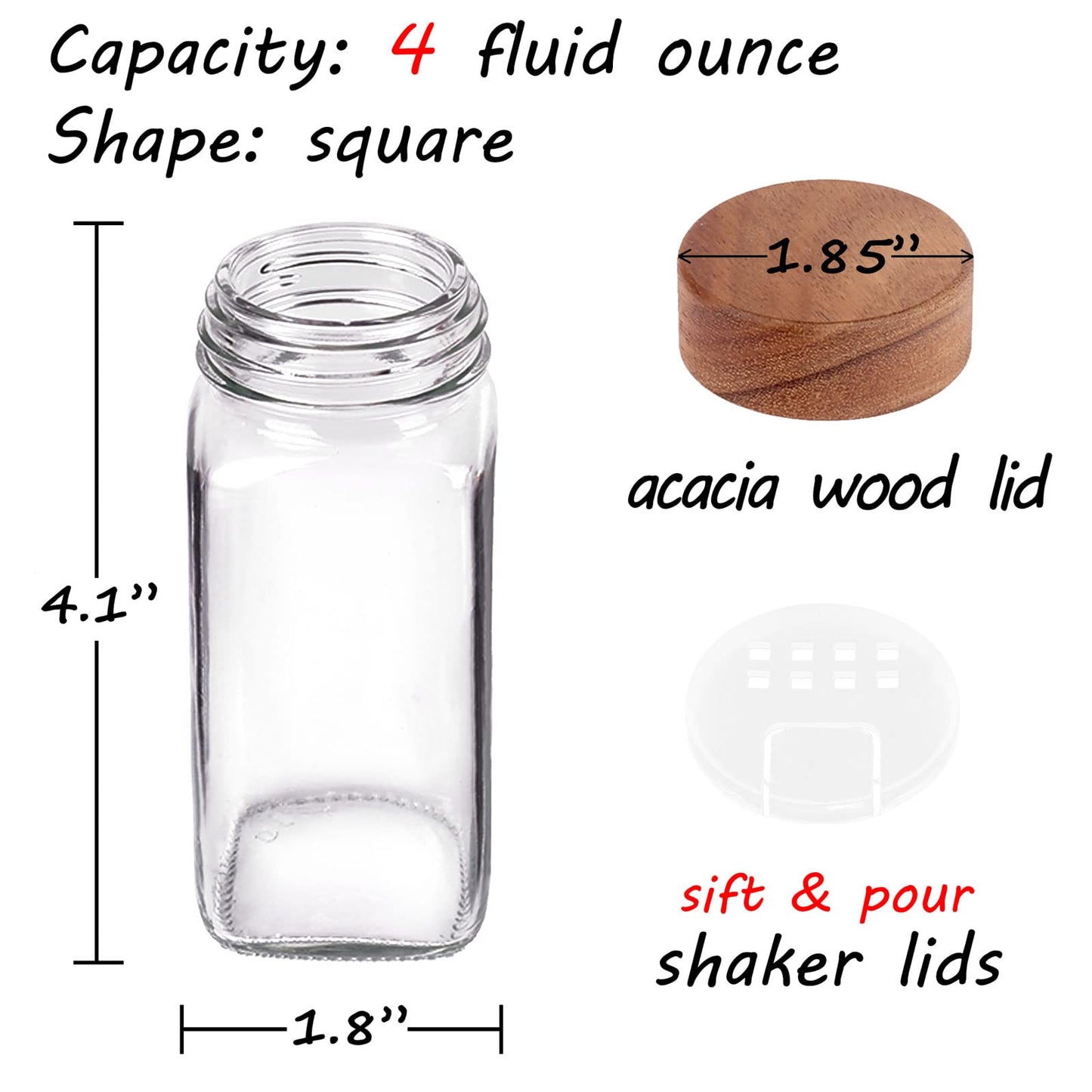 Churboro 36 Glass Spice Jars with 547 Labels with Shaker Lids - 4 Oz Square Spice Containers with Acacia Wood Lids, Chalk Pen, Funnel Seasoning Jars for Spice Rack, Cabinet, or Drawer