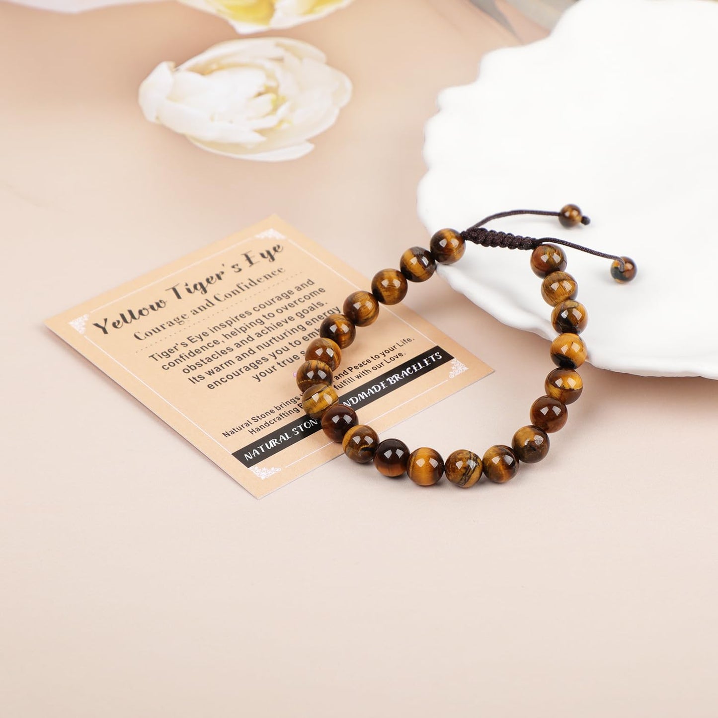 AD Beads 8mm Yellow Tiger's Eye - Courage and Confidence - Handmade Natural Stone Crystal Bracelet with Adjustable Macrame String - Yoga Healing Power Energy Gifts for Men and Women