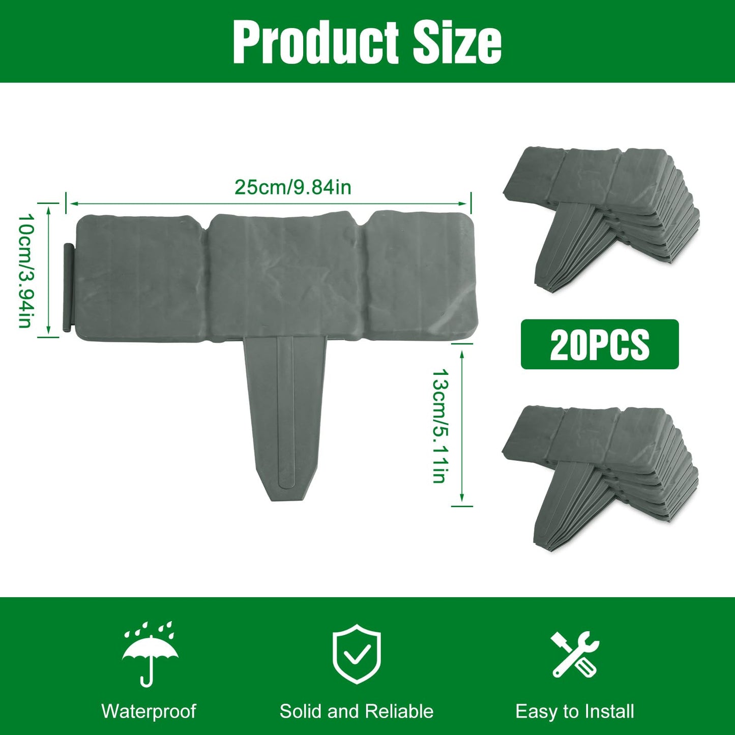 20Pcs Garden Edging Border, 9.8"x 9" Stone Effect Lawn Edging, Landscape Edging Lawn Garden Fence Decorative Landscape Border 16.4Ft Length Landscaping for Lawn Flower Bed Yard, Grey
