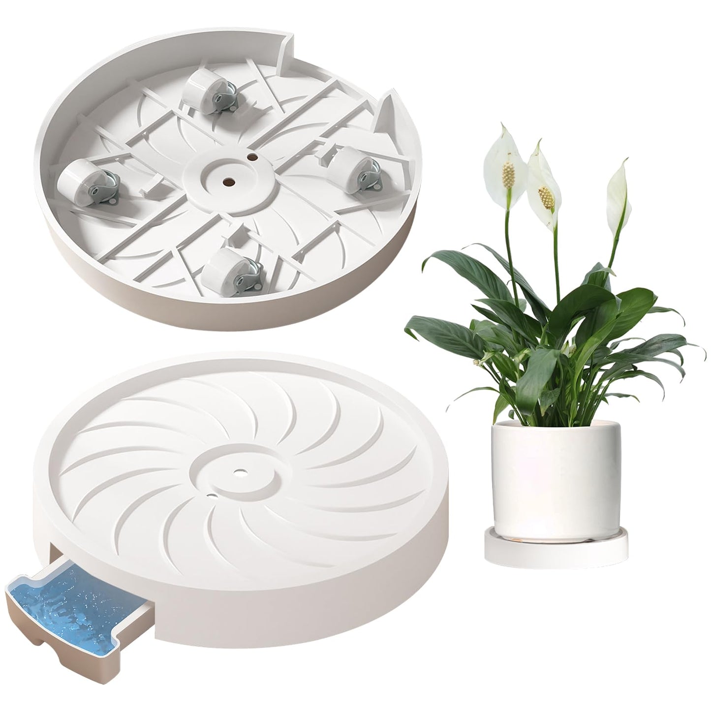 MCleanPin 2 Pack Plant Caddy with Hidden Wheels, 13" Heavy Duty Rolling Plant Stand with Removable Drainage Tray and Silent Casters Round Flower Pot Mover Planter Dolly for Indoor Outdoor White