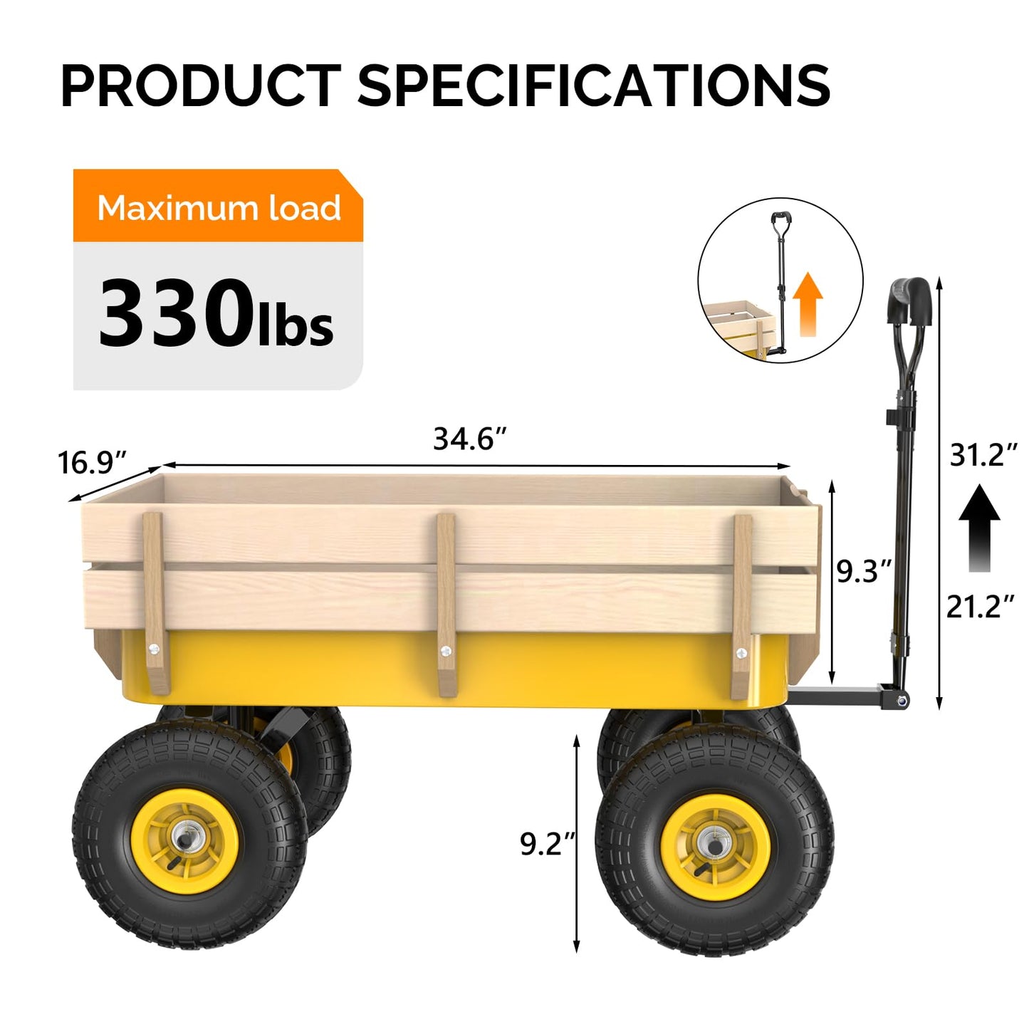 VINGLI Steel Garden Wagon Cart on Wheels, 330lb Load Capacity, Removable Heavy Duty Wooden Side Panels, with Extendable Handle and 10inch All-Terrain Tires, Wheelbarrow for Yard Landscaping (Yellow)