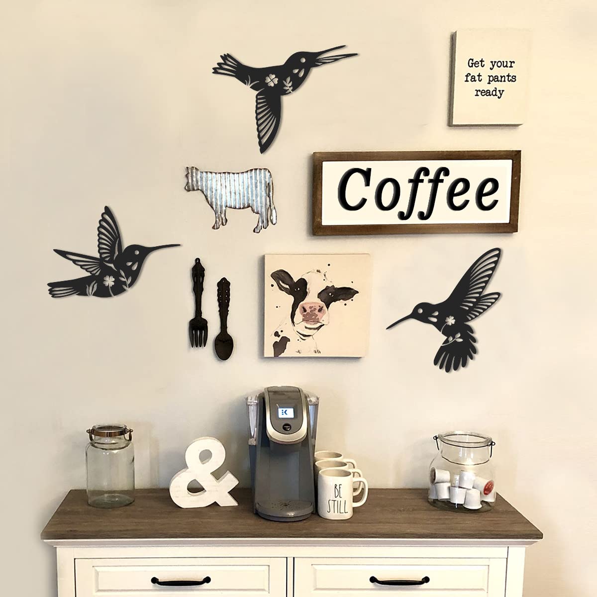 Daogtc Metal Hummingbird Wall Art Decor-Black Metal Wall Art,Bird Wall Sculpture for Home Kitchen Patio Bedroom Living Room Bathroom(3 Pack)