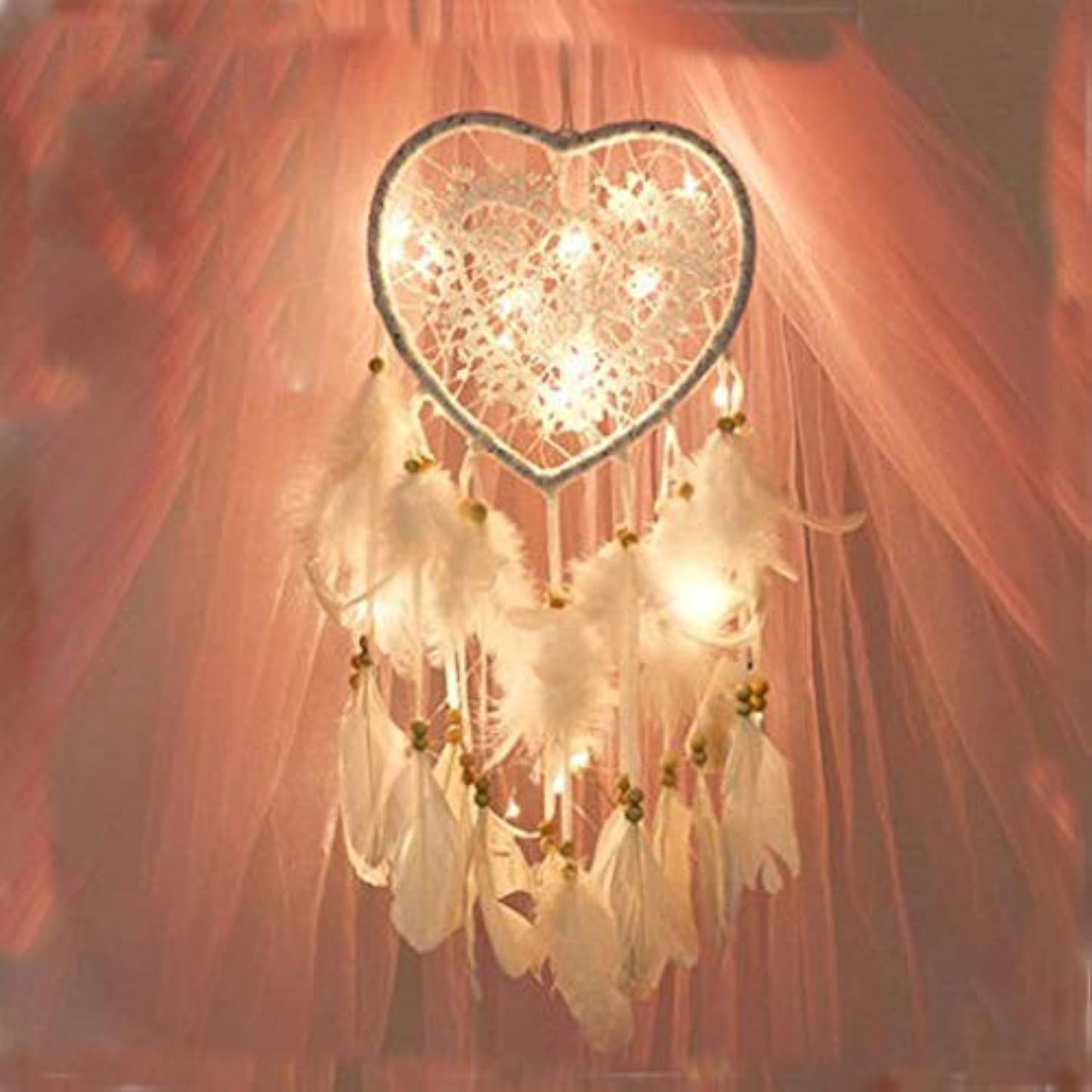 Skreened Christmas Lights，Fashion Handmade LED Light Dream Catcher with Feather Love Heart Dream Catcher Night Light Home Bedside Wall Hanging Home Party Wedding Decoration Gift (White)