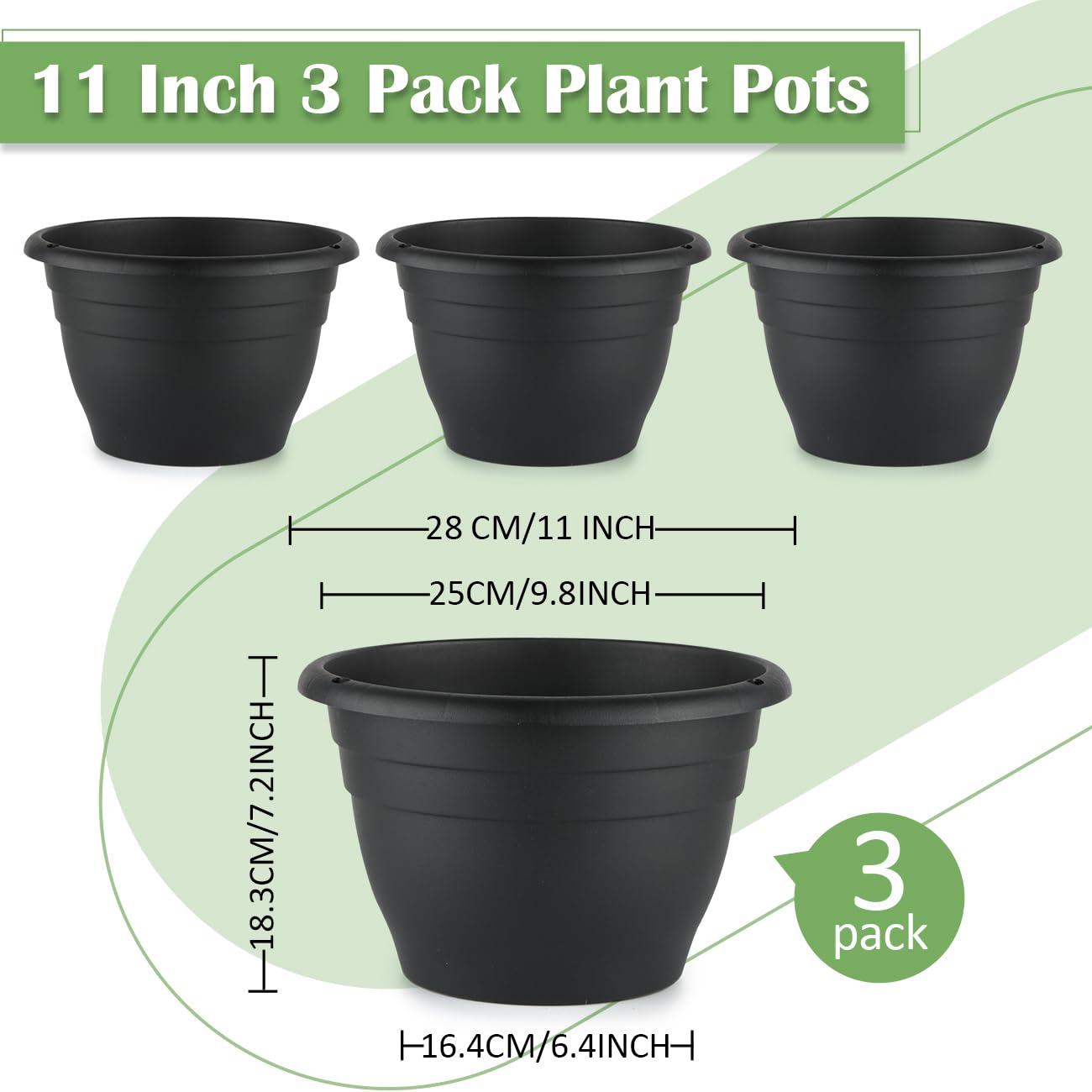 RooTrimmer 3 Pack 11 Inch Plant Pots for Indoor Outdoor,Plastic Floor Planters with Drainage Holes,Lightweight Durable Flower Pots for Home,Patio & Garden(Black)
