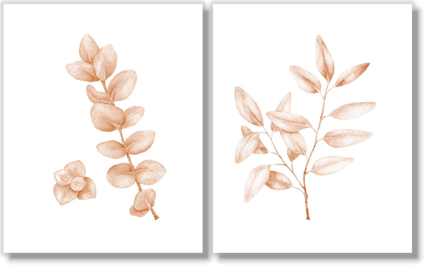 Sepia Eucalyptus Botanical Wall Art - Set of 4 Watercolor Leaf Prints on Linen Embossed Paper - Neutral Beige Coastal Farmhouse Decor - Unframed