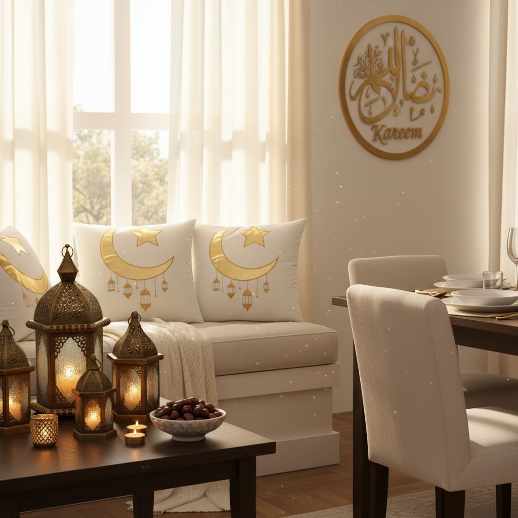 Tosleo Ramadan Lantern Pillow Covers 18x18 inch Set of 2 Beige and Gold Velvet Throw Pillow Covers Ramadan Eid Mubarak Cushion Covers Star and Moon Decorations for Home Couch Sofa Outdoor