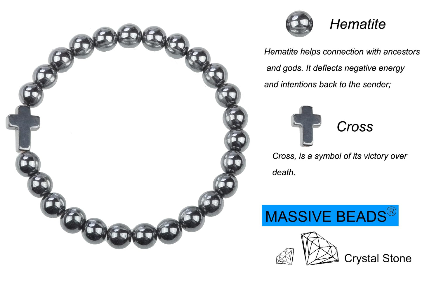 MASSIVE BEADS Hematite and Cross - Holy God Handmade Handmade Yoga Stretch Elastic Bracelet Natural Stone Crystal Healing Power Energy Gifts for Unisex Adult 4mm