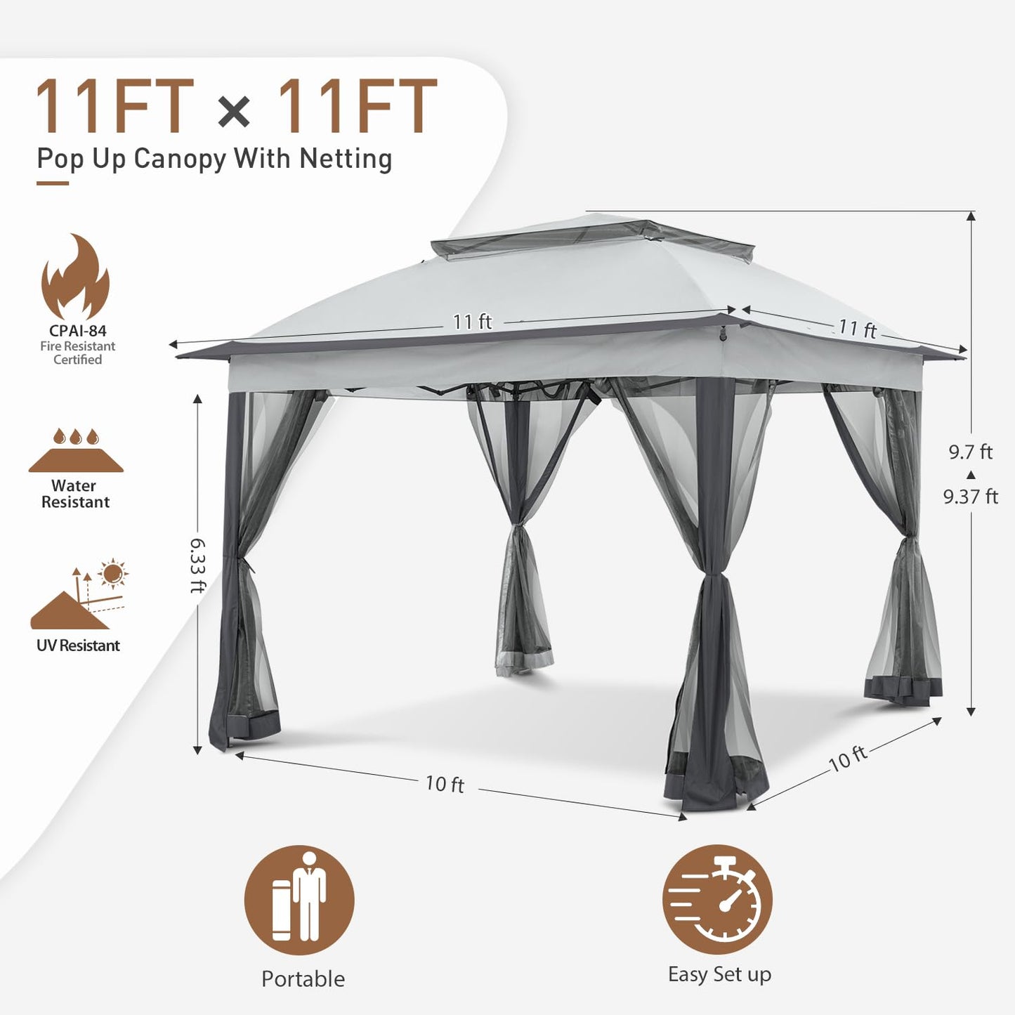 COOS BAY 11x11 Pop Up Gazebo with Mesh Netting, Instant Outdoor Canopy Tent, Water Resistant Shelter with UPF 50+ UV Protection, 121 Sq Ft Coverage, Gray