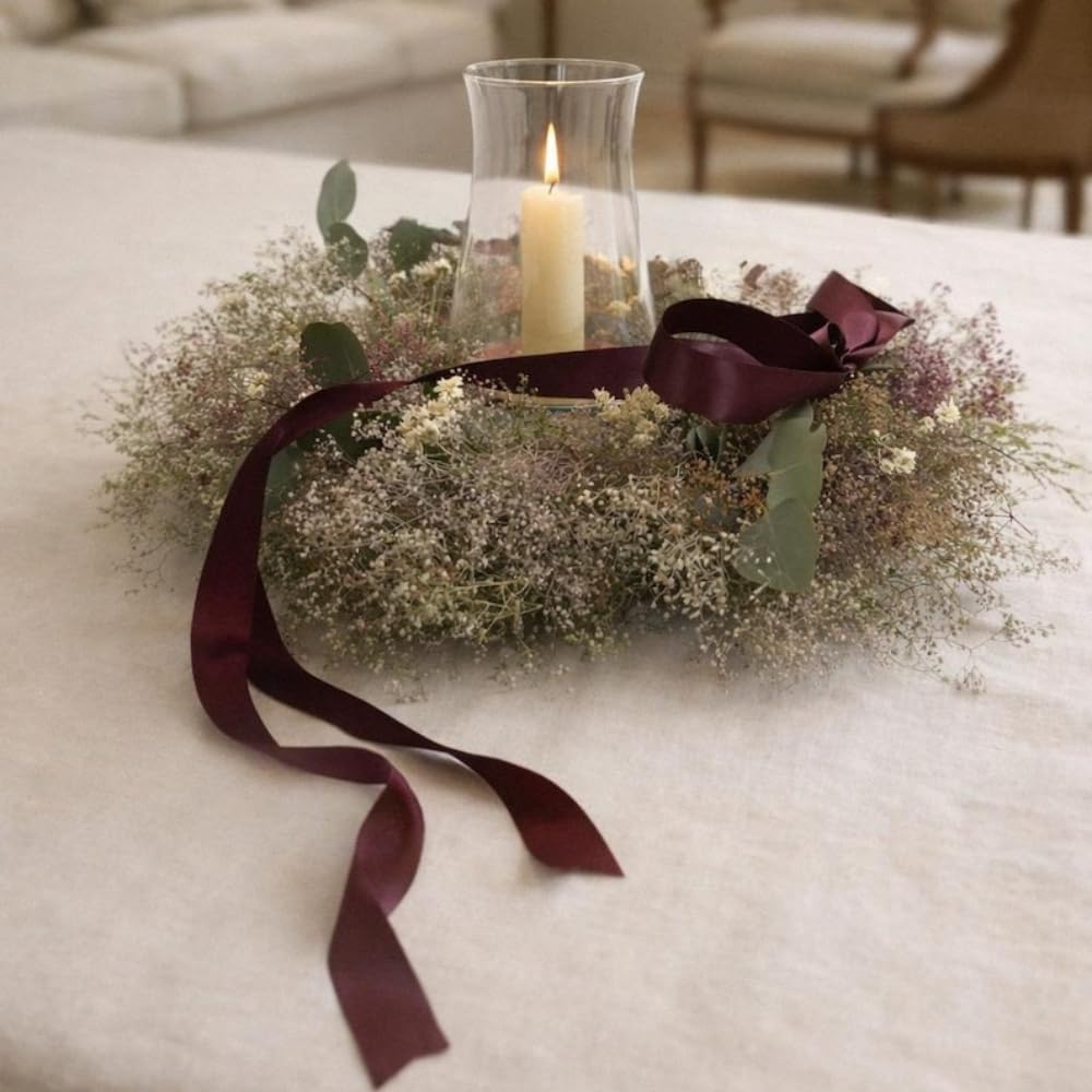Pearly Dried Flower Centerpiece, Handmade Everlasting Floral Arrangement with Sweet Annie and Eucalyptus, 16 Inch Round Botanical Decor for Table, Mantel or Wall