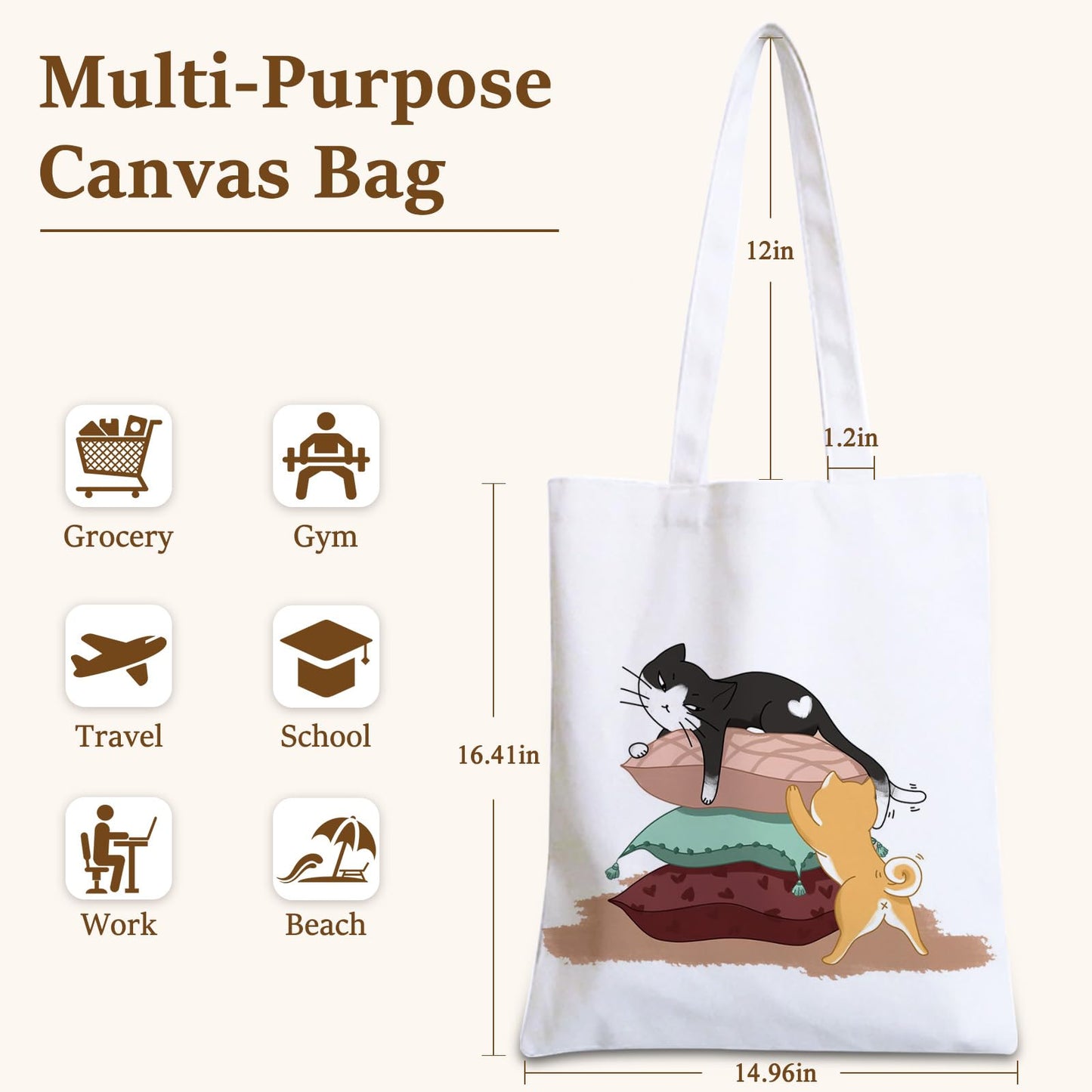 GICDSU Black Cat Cotton Canvas Tote Bag with Zipper, Reusable Grocery Bags, Beach Foldable Tote Bag for Women, Funny Totebag with Inner Pocket for Shopping Travel Gym Work