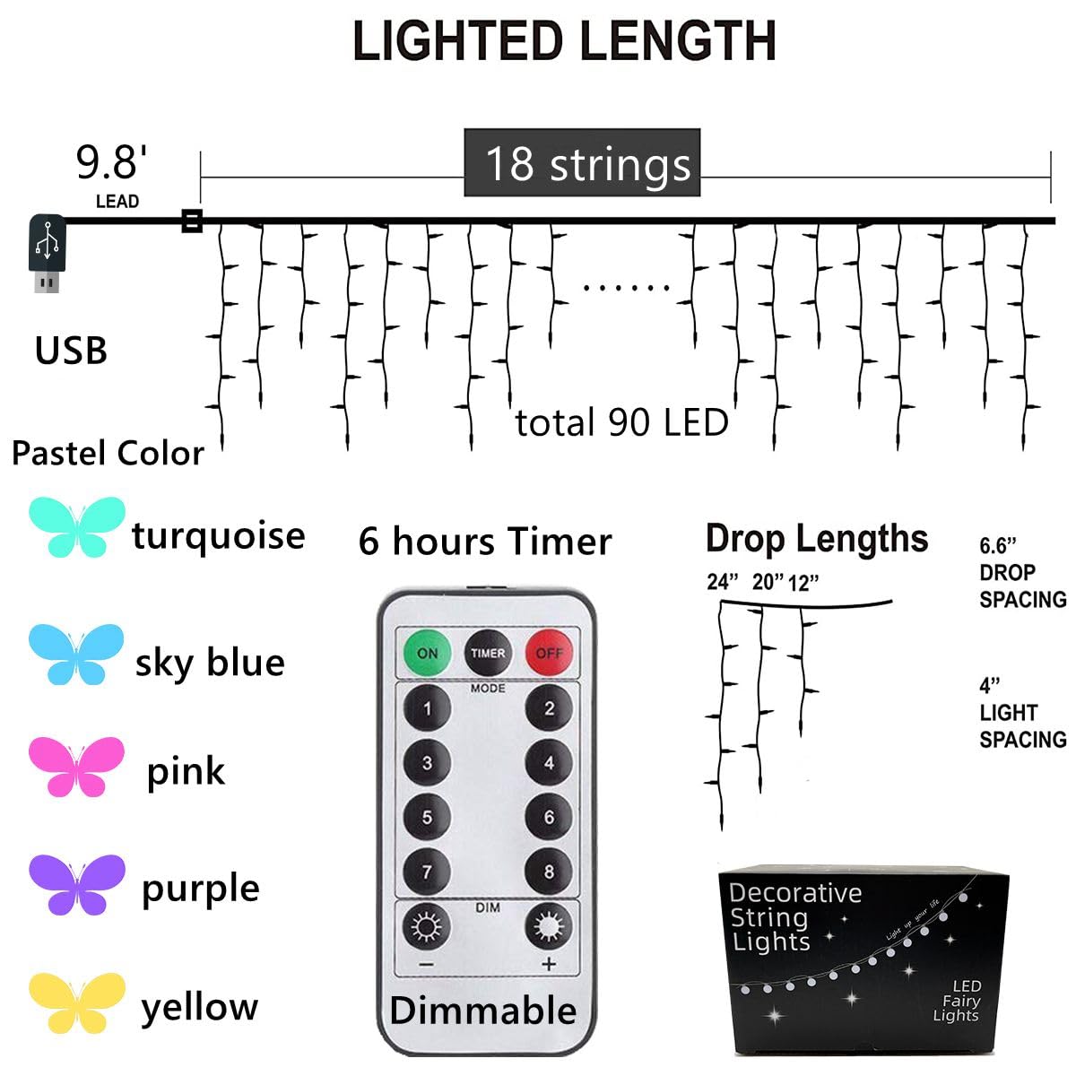Butterfly Fairy Lights for Bedroom Curtain Lights Twinkle Pastel Cute String Lights Led Hanging for Kids Girls Room for Wall Bed Ceiling Decor with Remote Dimmer