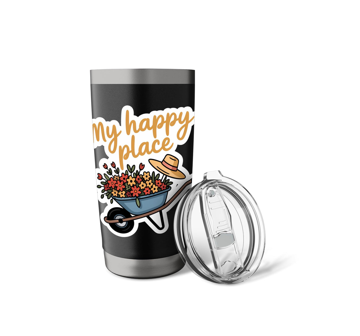 Cheerful Wheelbarrow Flowers Straw Hat Gardening Stainless Steel Insulated Tumbler