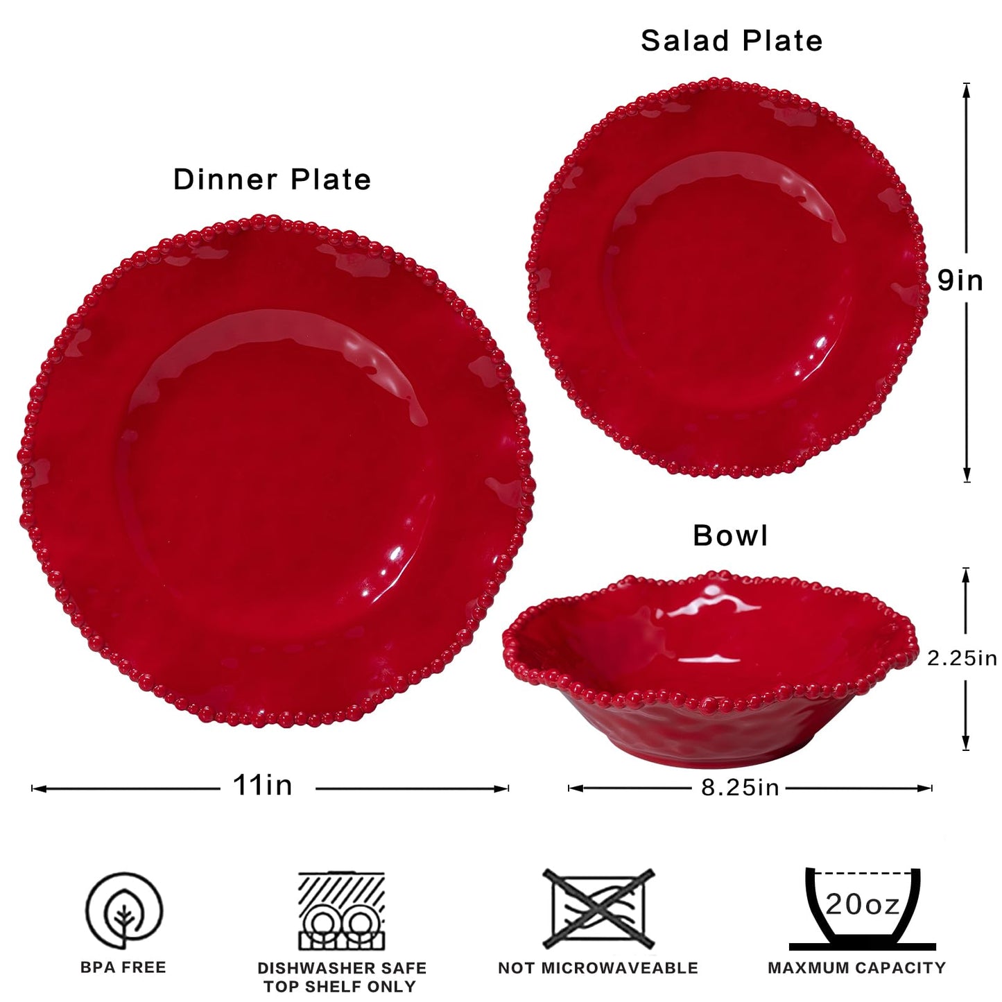 ZAROCRUS 12 pcs Christmas Holiday Melamine Dinnerware Set, Ruffled Rim With Beaded Plates and Bowls Set of 4, Lightweight yet Durable Dishes tableware Set, Ideal for parties, camping, and RV trips