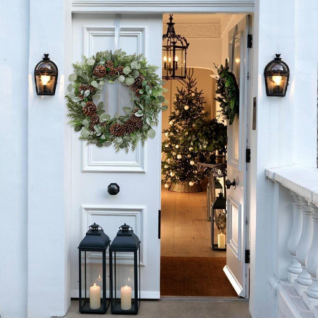 Briful Artificial Christmas Wreath 24 Inch Large Front Door Wreath with Glittering Eucalyptus Green Leaves Pine Branches Pine Cones for Home Room Mantle Wall Window Xmas Indoor Outdoor Decor