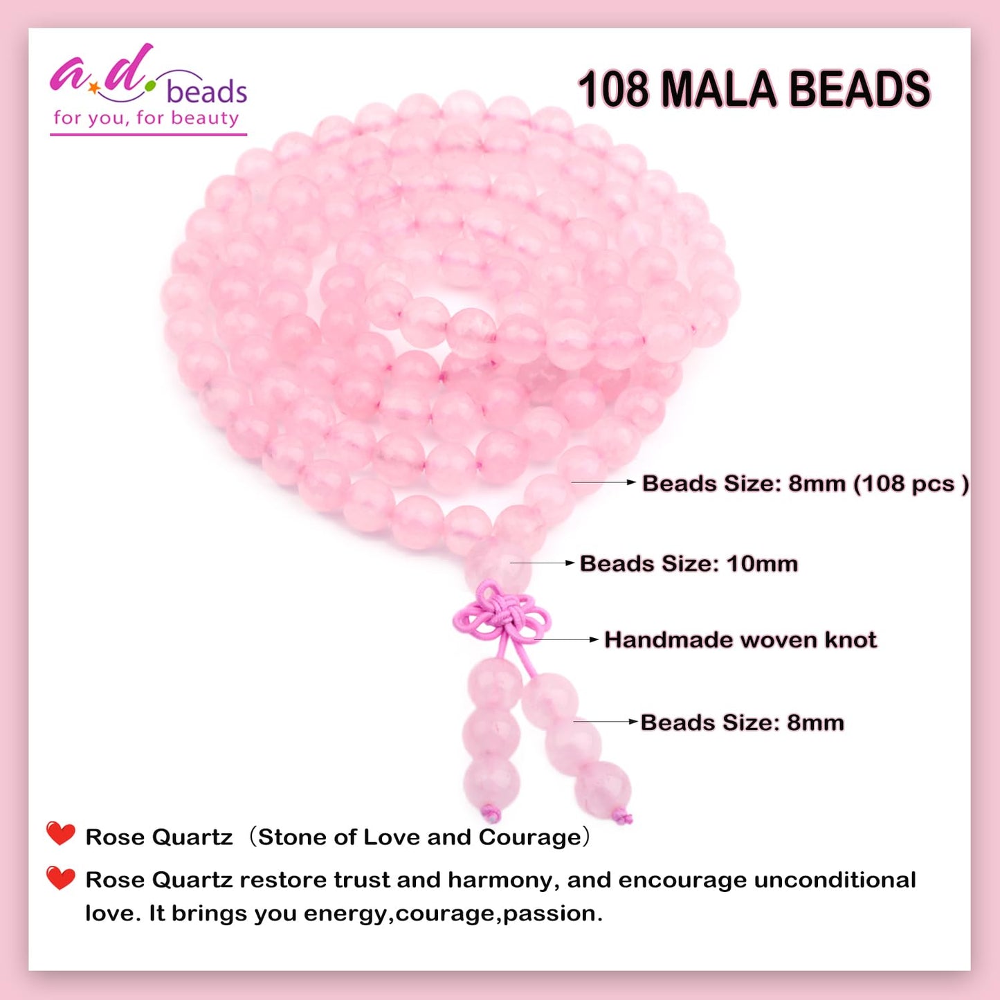 AD Beads 8mm 108 Prayer Mala Rose Quartz Elastic Bracelet - Love and Courage - Handmade Yoga Meditation Healing Power Energy Gifts for Unisex Adult.