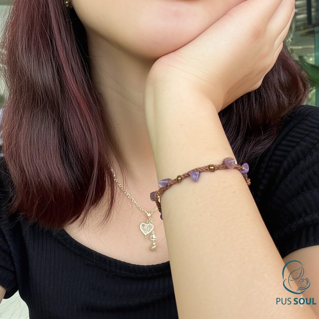 PusSoul Handmade Amethyst Small Crystal Bracelet (6.5-7.5'') - Adjustable & Plus Size, Natural Healing Crystal Chips, Waterproof, Chakra Beaded - Unusual Jewelry for Women, Girl & Friendship from