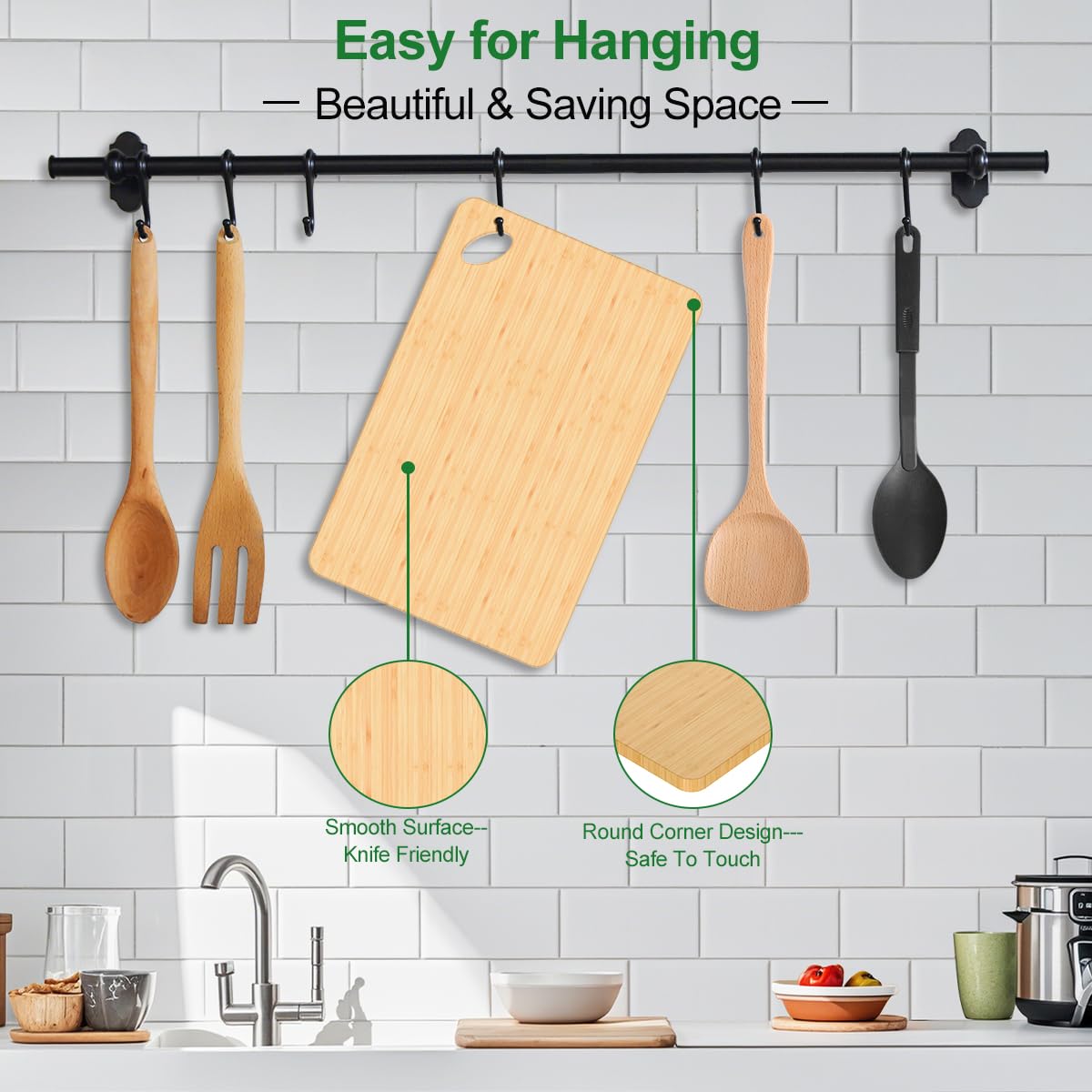 Viretang Wooden Cutting Boards for Kitchen, 15.3 * 8.7'' Knife Friendly Bamboo Cutting Board Lightweight & Durable Chopping Board with Hang Hole for Easy Storage & Clean, Large