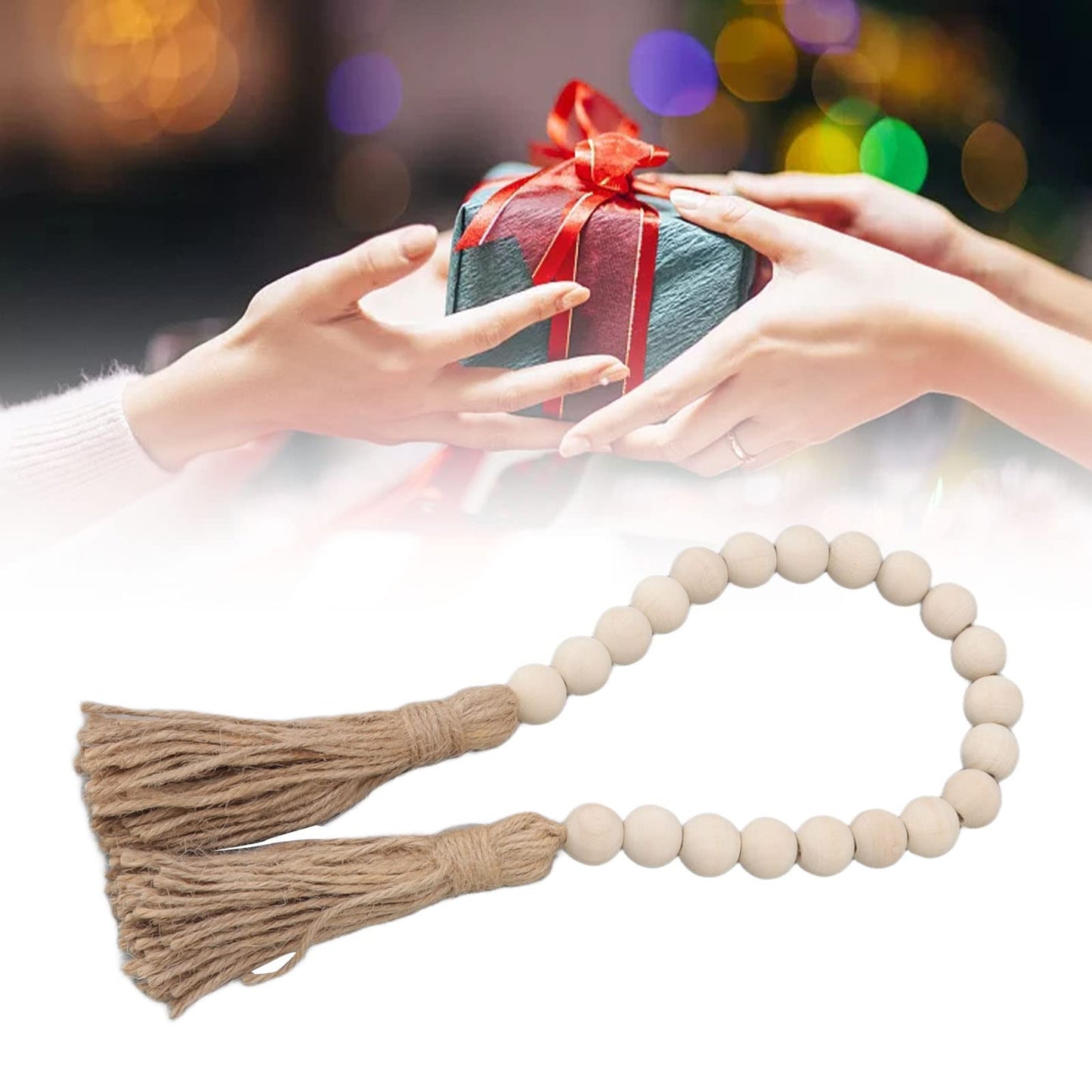 Buachois Farmhouse Beads 24in Wood Bead Garland with Tassels Rustic Country Decor Prayer Wall Hanging Bead Decoration for Gifts Ornamen