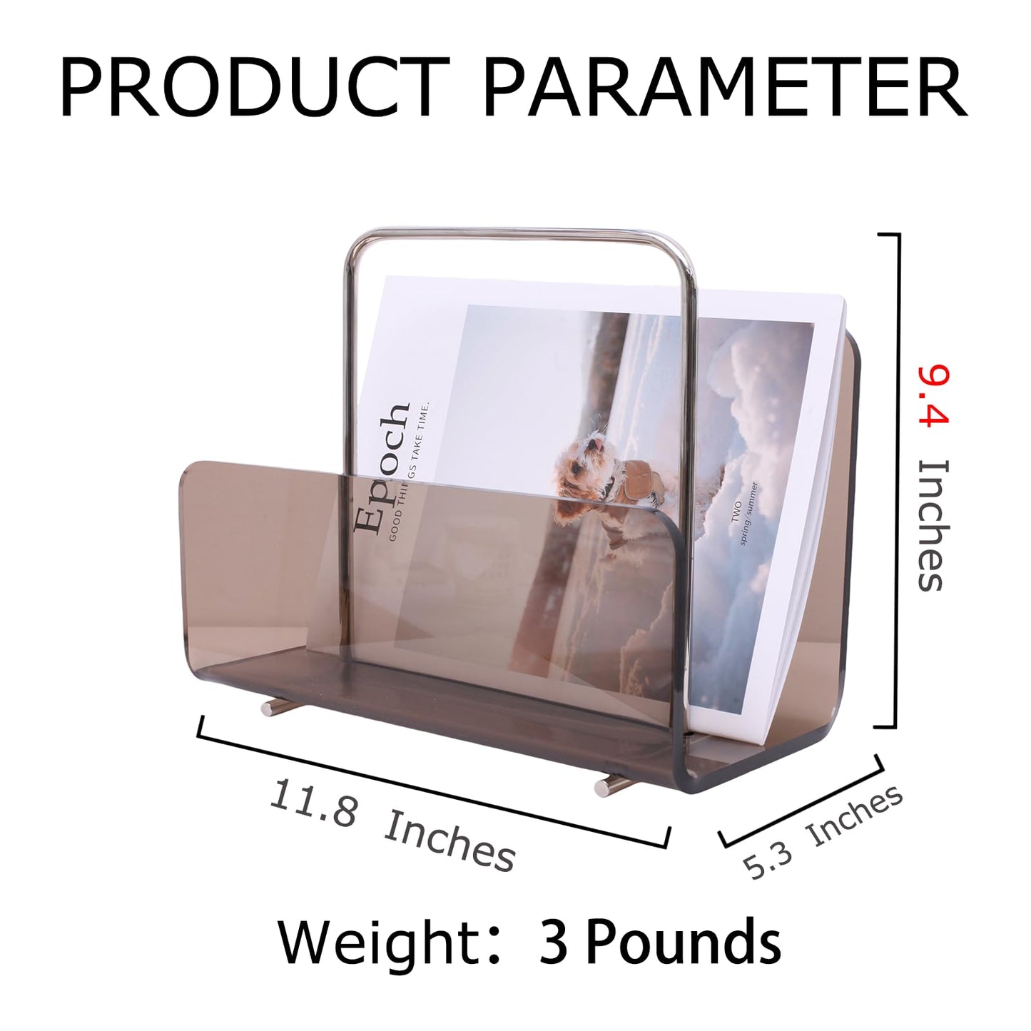 brilliant choice Magazine Holder, Brown Clear Acrylic with Stainless Steel Handle, Tabletop Display Stand