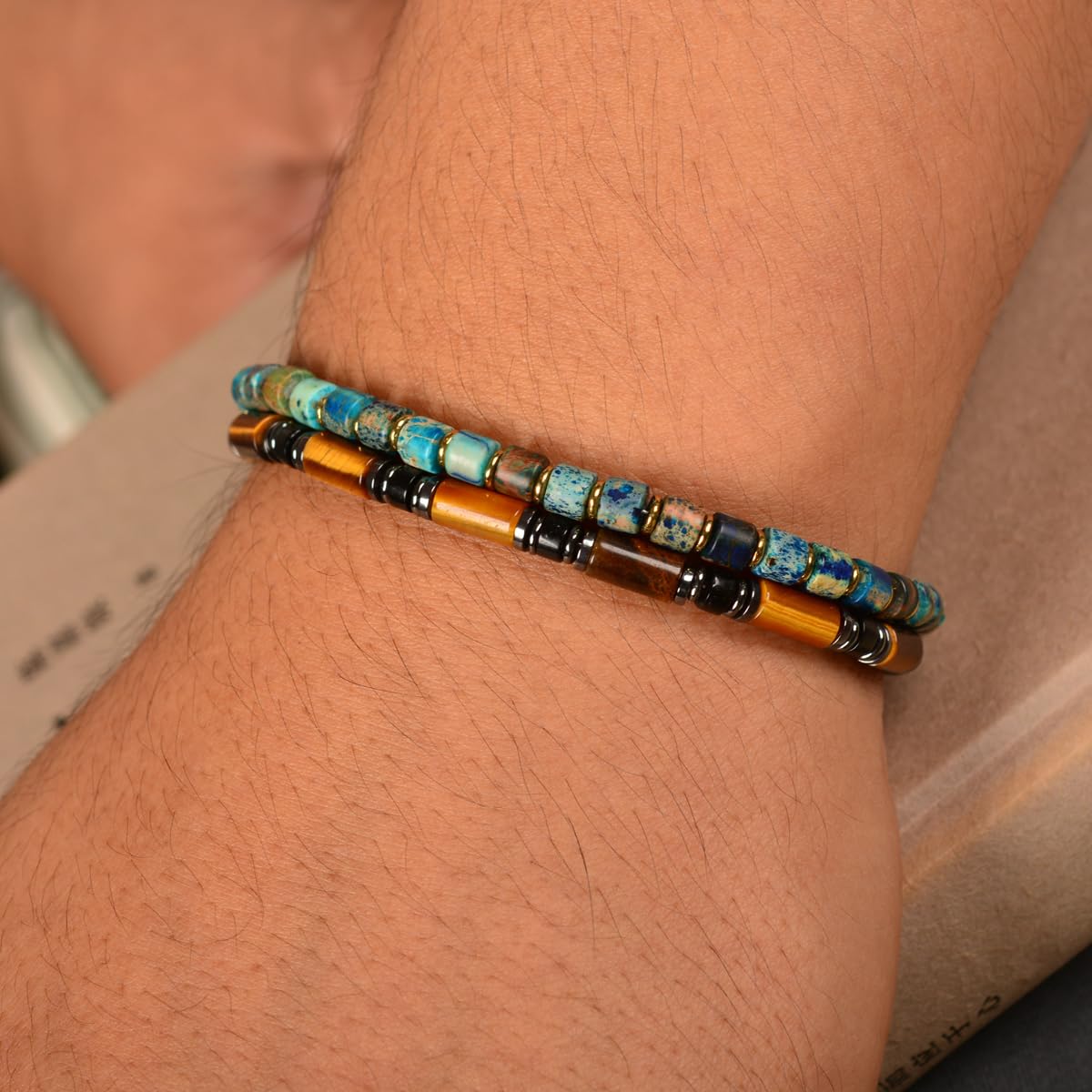 Casvia Men’s Beaded Tiger Eye Gemstone Bracelet - Handcrafted Original Design, Hematite & Obsidian Accents, Adjustable Stainless Steel Dual-Clasp, Thickened Steel Wire, 6.89–8.8 Inch, Gift for Men