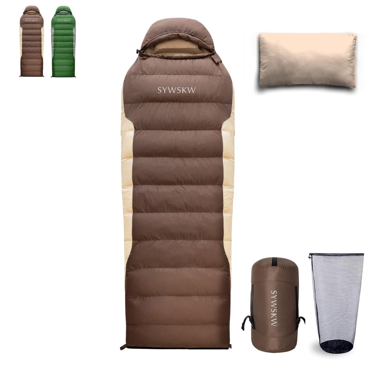 SYWSKW Ultralight Down Sleeping Bag with Pillow,15°F 32°F 46°F Sleeping Bag for Women,Men,Youth Backpacking,Hiking and Camping Outdoor with 680FP Duck Down (Coffee, 800g Down Filling)