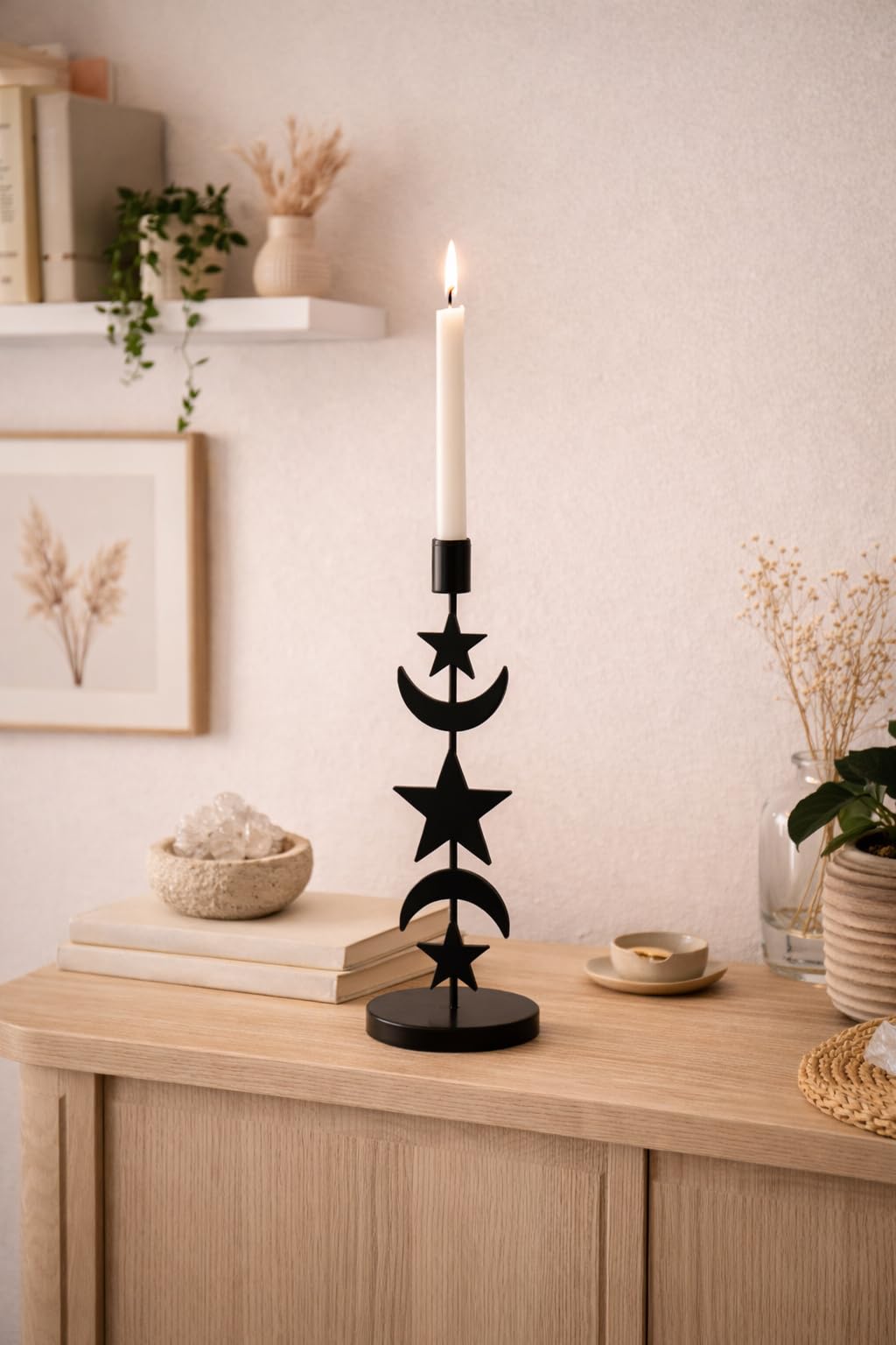 Metal Moon Star Candle Holder - 11 Inch Black Taper Candlestick Holder for Table Centerpiece - Modern Celestial Decorative Candle Stand for Mantel, Dining Room or Boho Home Decor (1 Pack)