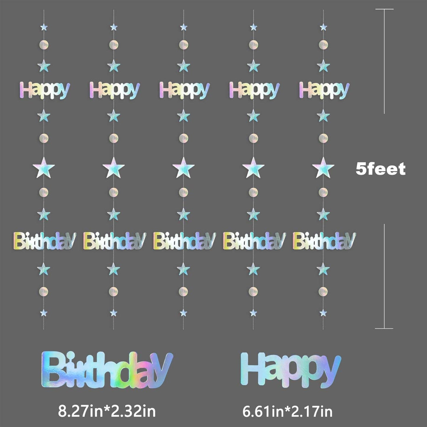 Leekryeton Happy Birthday Banner, Birthday Decorations for Women & Girls, Iridescent Holographic Star Circle Dot Garland Sign, Hanging Streamers Party Decor with Aurora Rainbow Effects