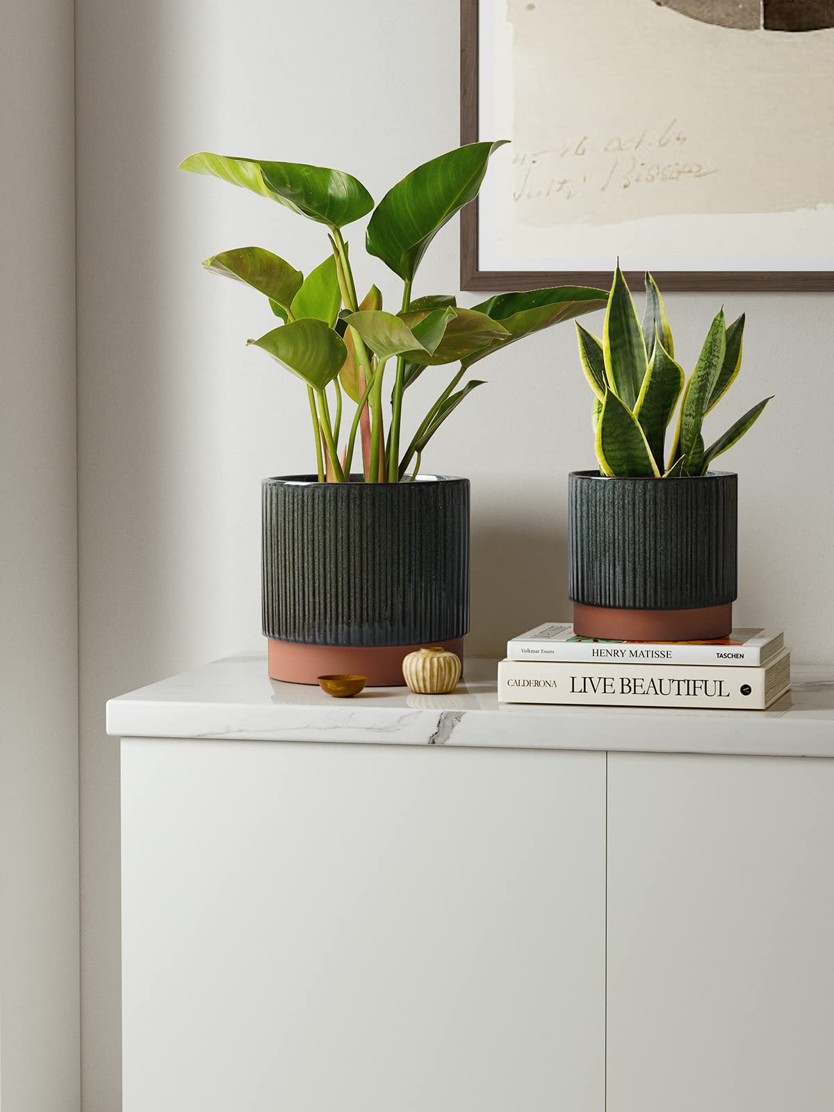 LE TAUCI Ceramic Plant Pots with Drainage Holes, Set of 3, 8+6.7+5.5 Inch Stripe Garden Planter Pots for Outdoor Indoor Plants Flower, Round Succulent Orchid Flower Pot, Reactive Glaze Black