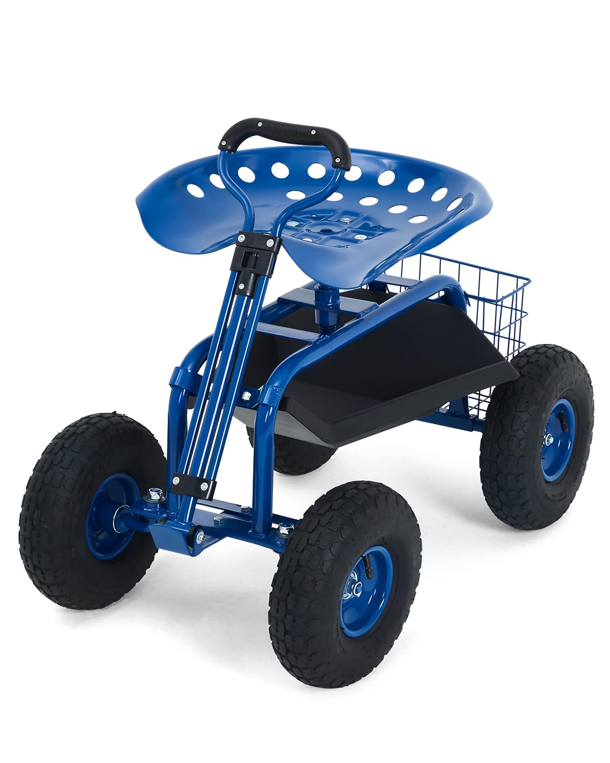 Heavy Duty Garden Cart, Garden Scooter Rolling Work Seat, 360° Swivel with 10-Inch All-Terrain Inflatable Tires, Extendable Steering Handle & Metal Tool Tray for Planting, Weeding, Yard Work