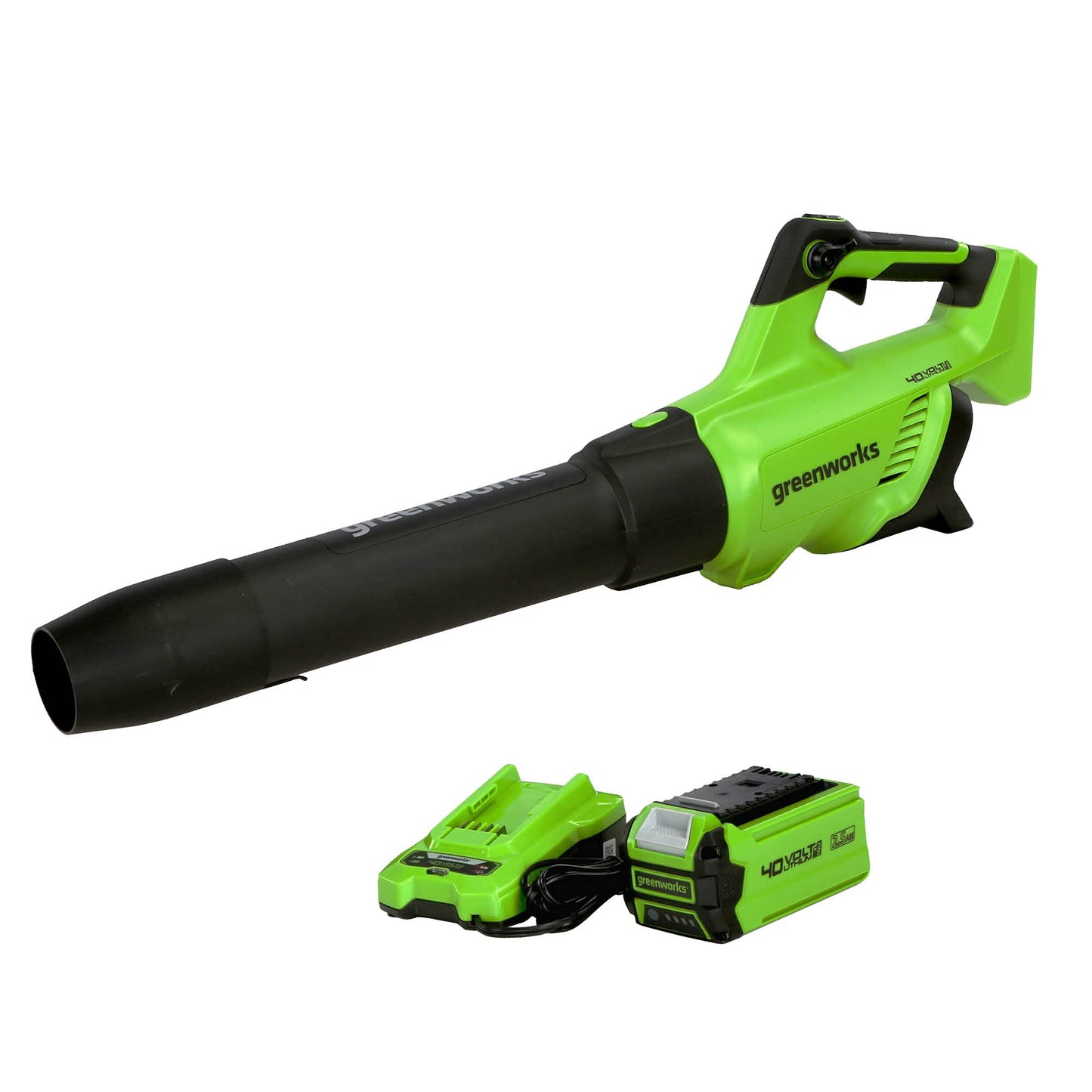 Greenworks 40V (120 MPH / 500 CFM) Leaf Blower, for damp autumn leaves, spring pollen, summer grass clippings, and winter debris across driveways, patios, Includes 2.5Ah Battery and Charger