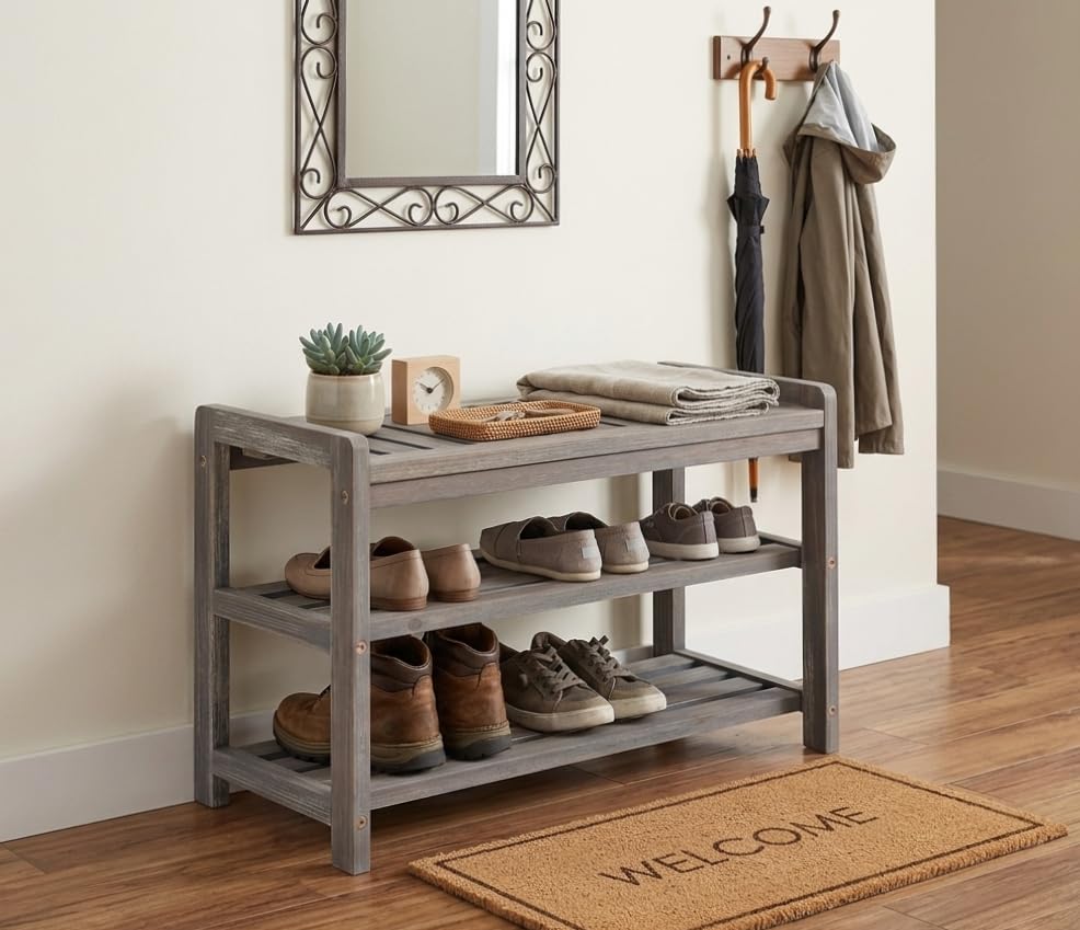 APPAFUN 27-Inch Wooden Shoe Bench for Entryway, 3-Tier Storage Organizer, Rustic Shoe Rack Bench for Narrow Spaces, Brush Grey