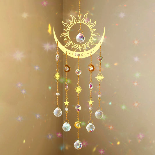 Artilady Sun and Moon Suncatcher - Large Crystal Wind Chimes for Outside Stained Glass Window Hanging Prisms Garden Backyard Ceiling Room Decor Christmas Housewarming Birthday Gift for Girls