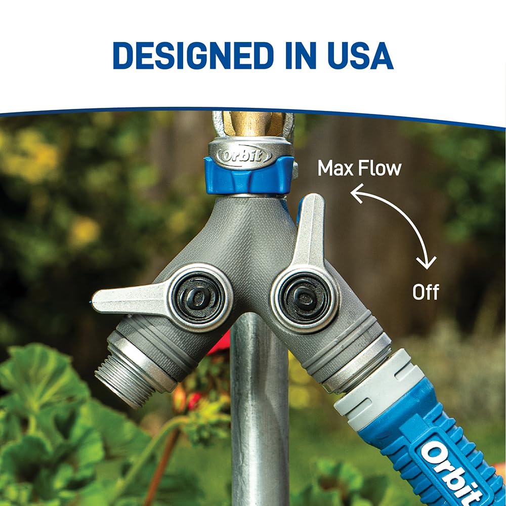 Orbit XL 2-Way Garden Hose Splitter – Dual Valves, Heavy-Duty Zinc Y Connector, Easy-Grip Lever Shut-Off 28294