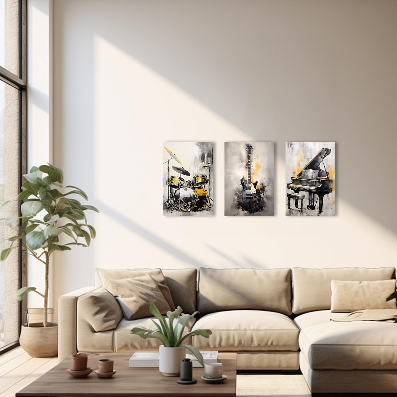 QIXIANG Music Canvas Wall Art for Music Lover Gift 3 PCS Black and Gold Guitar Piano and Drum Set Picture Prints for Music Studio Home Decor Framed (A, 11.00" x 14.00" x3Pcs)