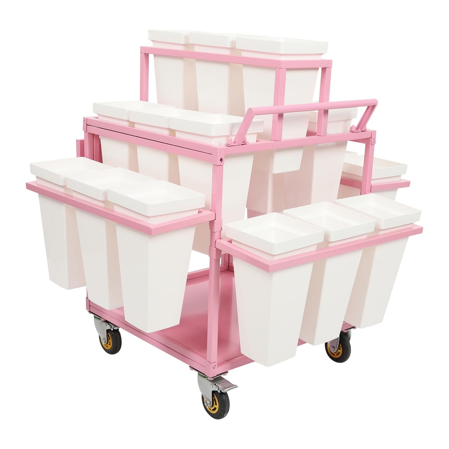 Metal Outdoor Flower Display Stand with Parasols, Heavy Duty Metal Flower Cart with 18 Buckets, Flower Plant Stand with Wheels, Moving Florist Bouquet Shelf for Patio Garden Florist Weddings Party (Pink)