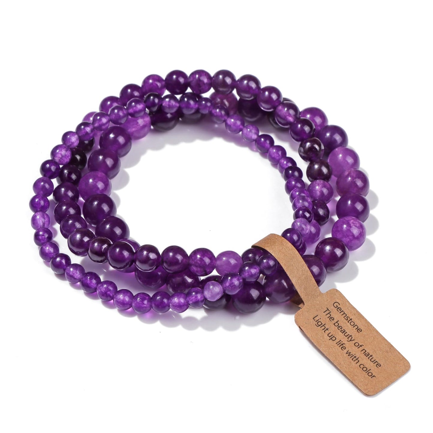 Risyfjew 3 PCS Natural Stone Beaded Stretch Bracelet 4mm 6mm 8mm Healing Crystal Bracelets Women Amethyst Jewelry Gift
