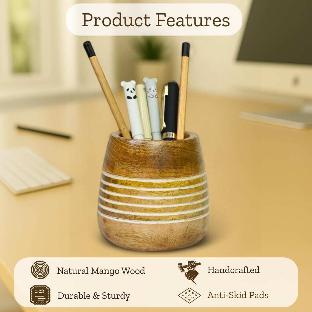 Mie Creations Wooden Pencil Cup Pen Holder for Desk Table | Farmhouse Wood Office Desktop Organizer, Paintbrush Stand, Makeup Brush Holder | Handmade Mothers Day Gifts for Mom- 4'' White Lining Design