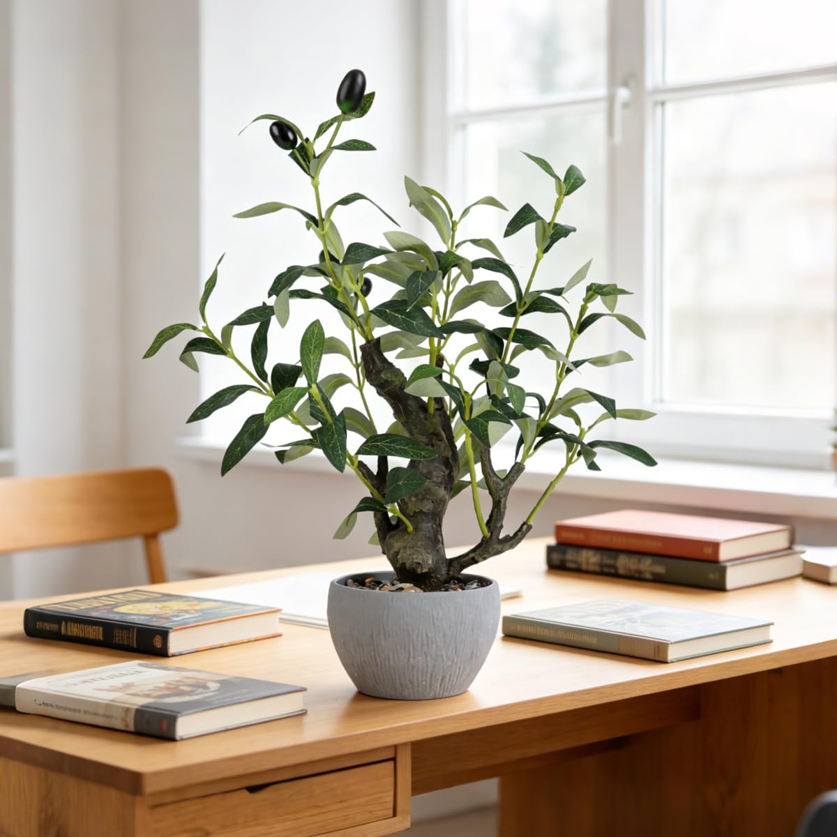 KAIRNE Artificial Olive Tree Potted,15.7” Tall Fake Green Plants,Realistic Leaves Decorative Table Decor,Lifelike Branches and Fruits Planter,Rustic Design Faux Plants for Home Office Desk Decor