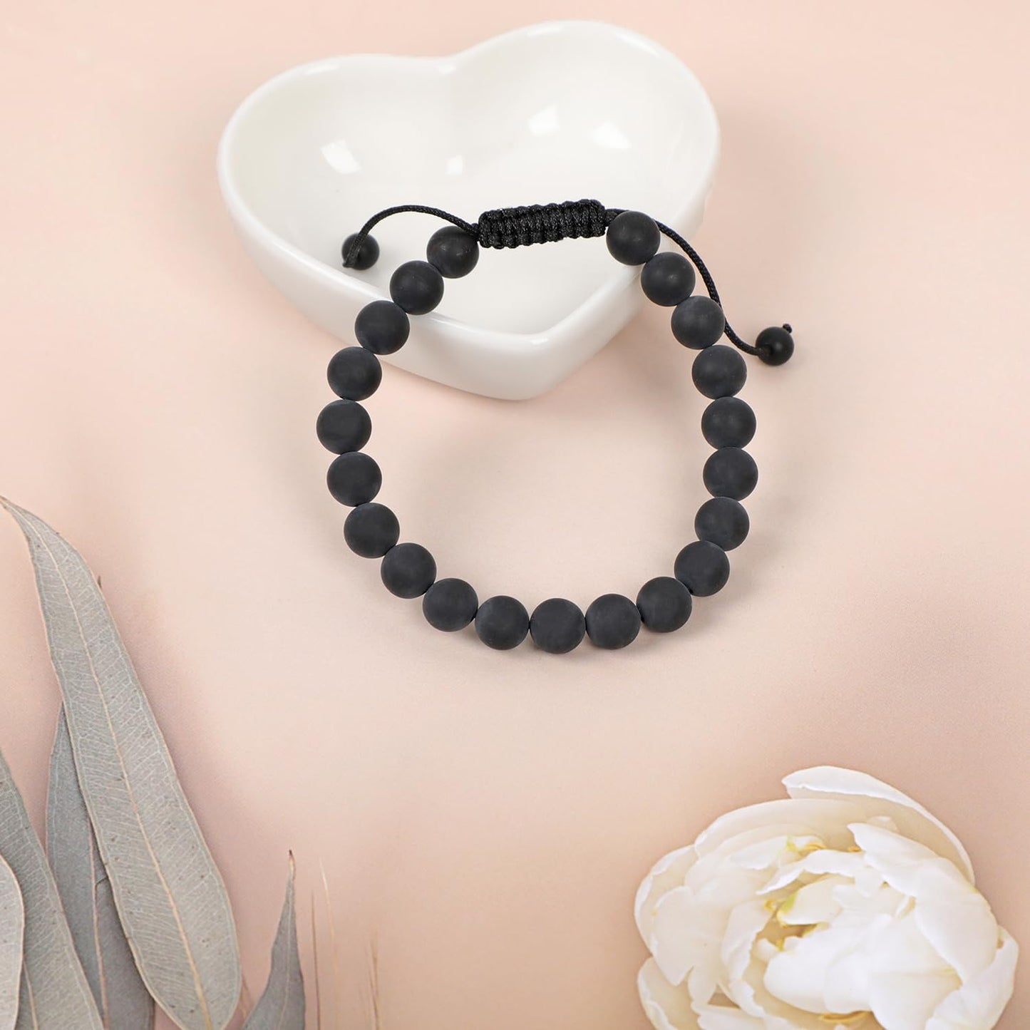 AD Beads Natural 8mm Gemstone Bracelets Healing Power Crystal Macrame Adjustable 7-9 Inch (Matte Black Onyx)