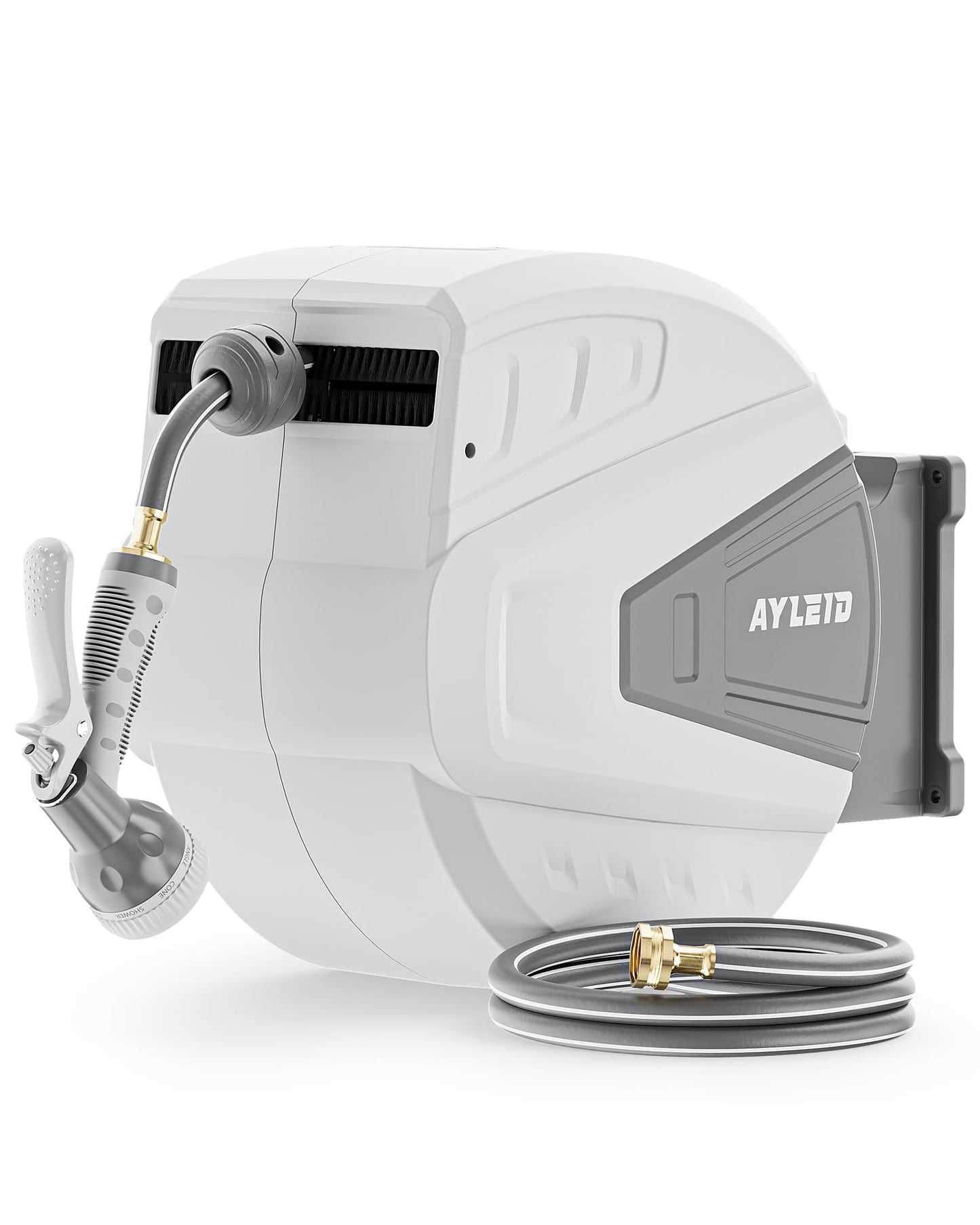 Ayleid Retractable Garden Hose Reel,1/2 in x 130 ft Wall Mounted Hose Reel, with 9- Function Sprayer Nozzle, Any Length Lock/Slow Return System/Wall Mounted/180°Swivel Bracket (Gray)
